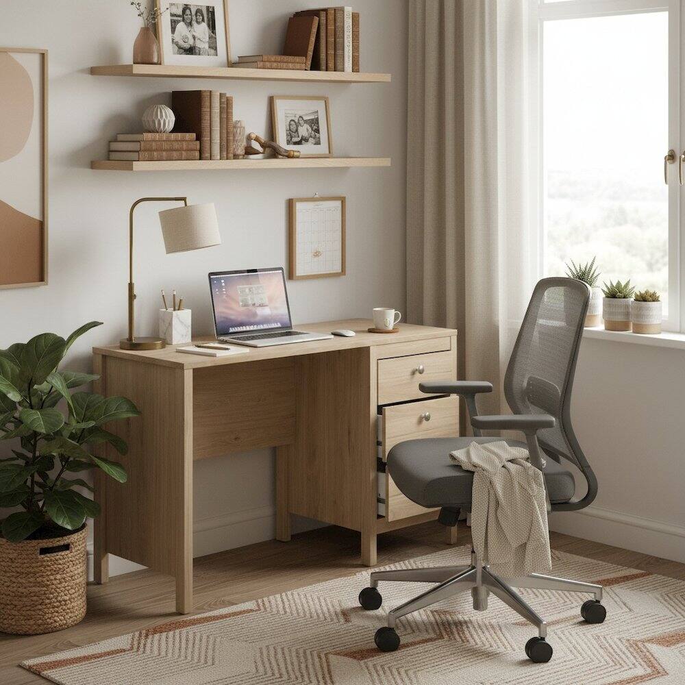Angle. FurniFact - 3-Drawer Home Office Desk for Computer Work or Study Table - Brown.