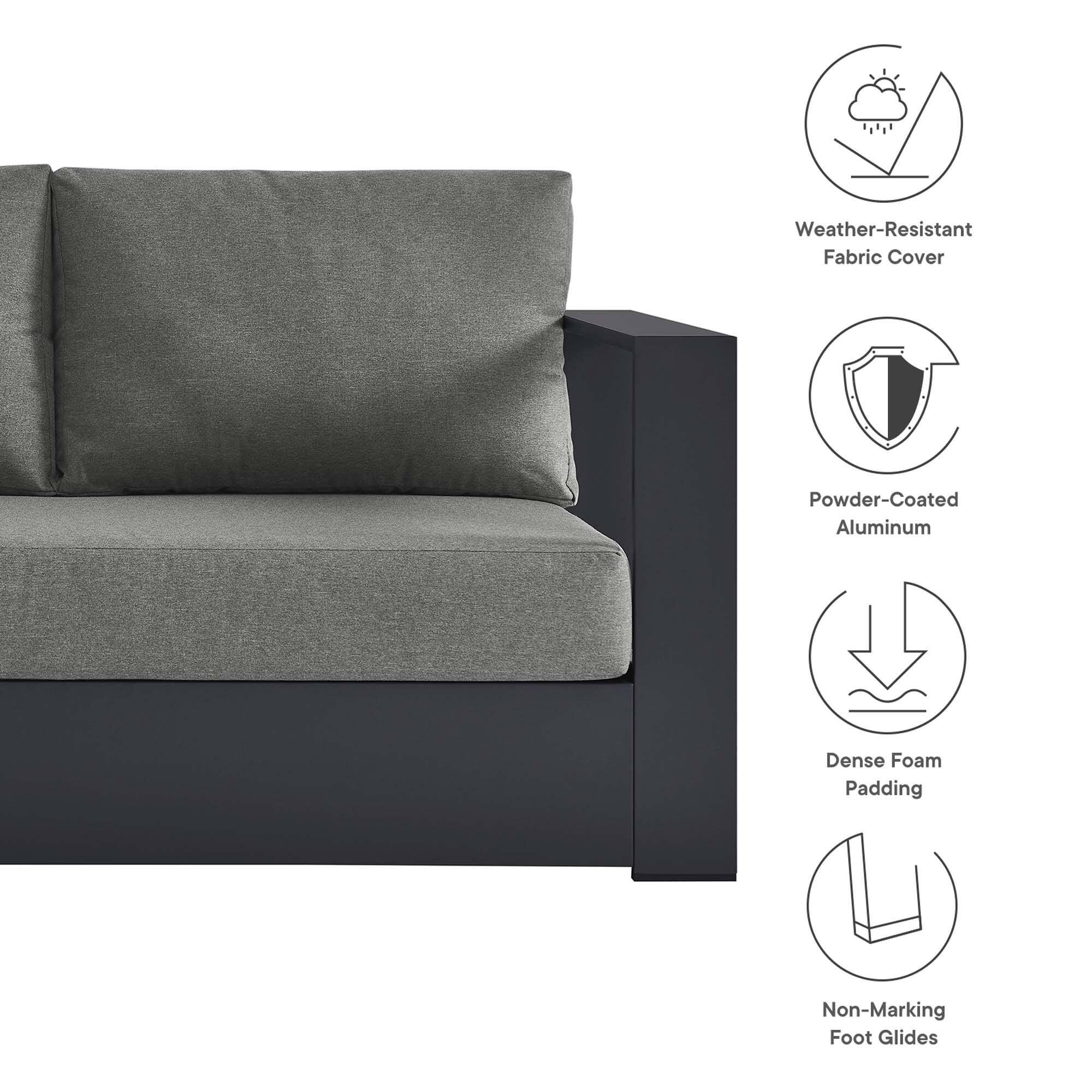Weather-Resistant Fabric Cover  
Powder-Coated Aluminum  
Dense Foam Padding  
Non-Marking Foot Glides