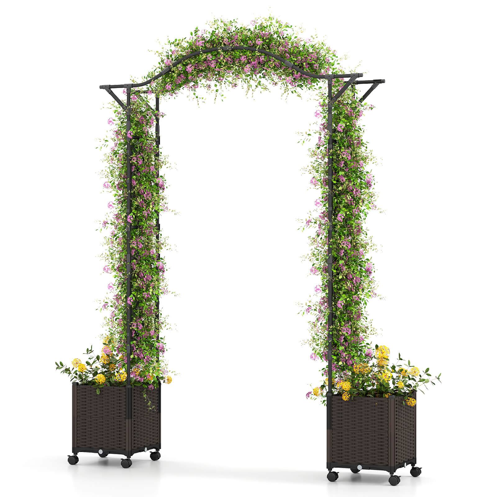 Costway - 82"L x 99"H Garden Arch Trellis with 2 Self-watering Planter Boxes for Party Yard - Black