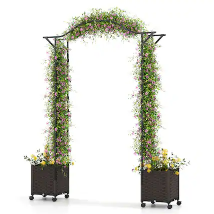 Front. Costway - Costway 82"L x 99"H Garden Arch Trellis with 2 Self-watering Planter Boxes for Party Yard - Black.