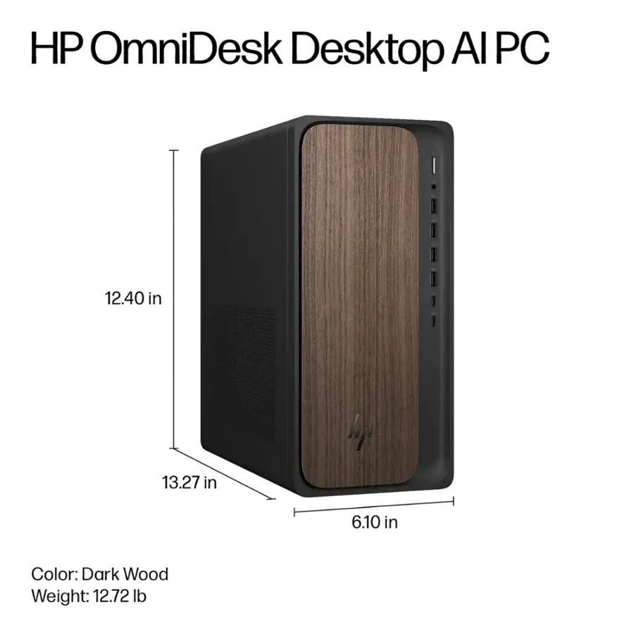 HP OmniDesk Desktop Ai PC: 12.40 in x 13.27 in x 6.10 in, Dark Wood color, 12.72 lb weight.