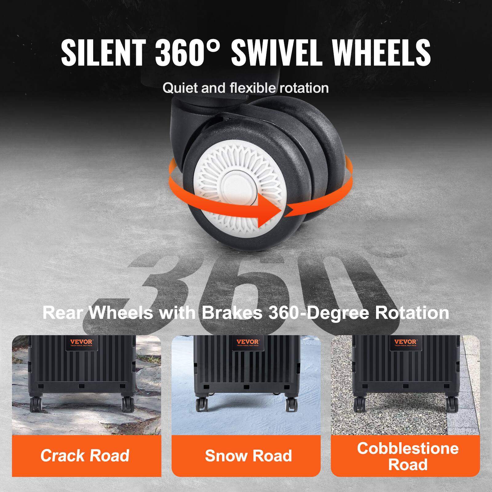 SILENT 360° SWIVEL WHEELS Quiet and flexible rotation Rear Wheels with Brakes 360-Degree Rotation VEVOR Crack Road Snow Road Cobblestone Road