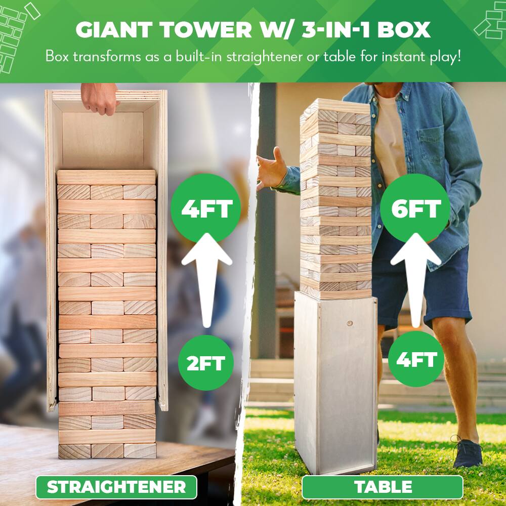 GIANT TOWER W/ 3-IN-1 BOX  
Box transforms as a built-in straightener or table for instant play!  

4FT  
2FT  
STRAIGHTENER  

6FT  
4FT  
TABLE