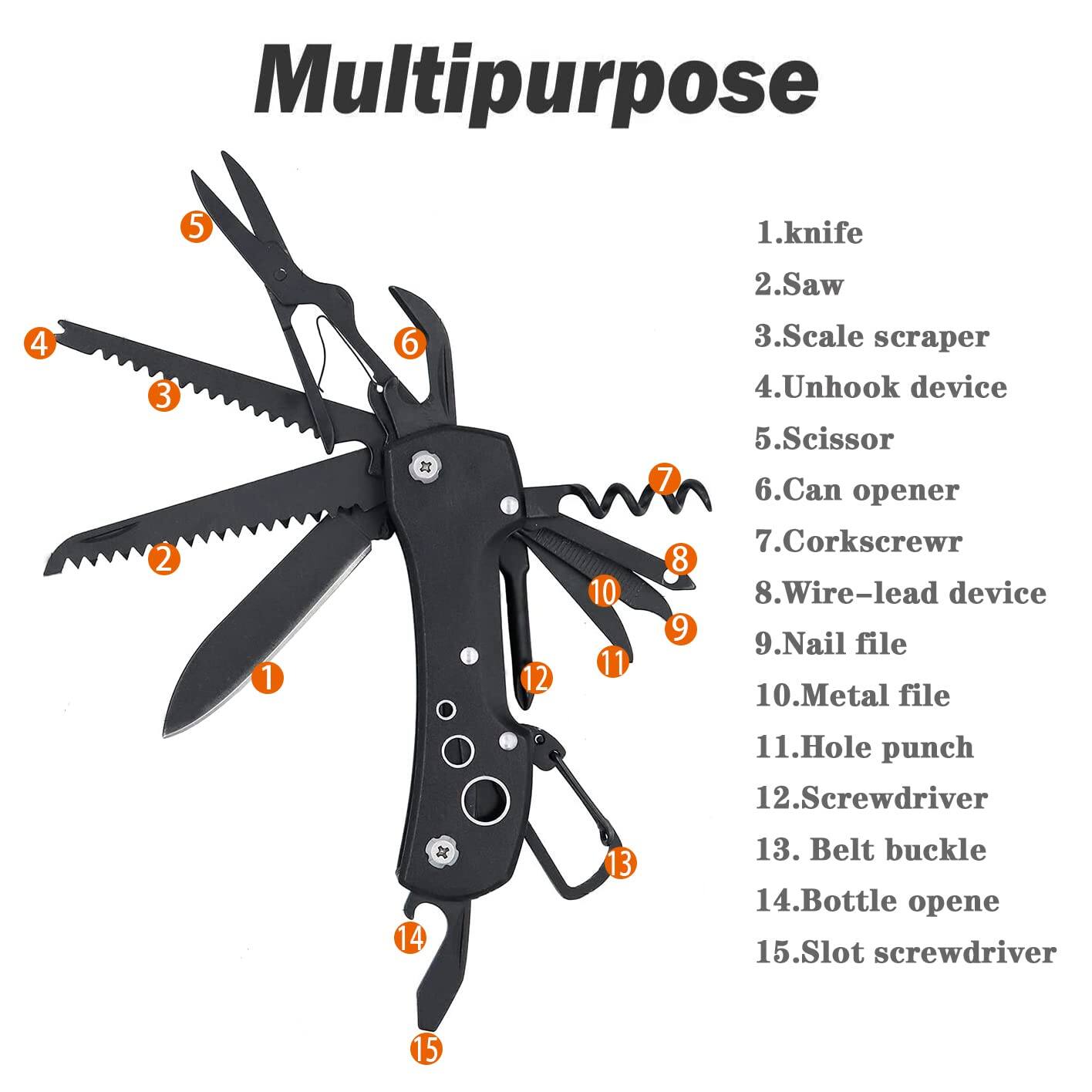 Multipurpose

1. Knife  
2. Saw  
3. Scale scraper  
4. Unhook device  
5. Scissor  
6. Can opener  
7. Corkscrew  
8. Wire-lead device  
9. Nail file  
10. Metal file  
11. Hole punch  
12. Screwdriver  
13. Belt buckle  
14. Bottle opener  
15. Slot screwdriver