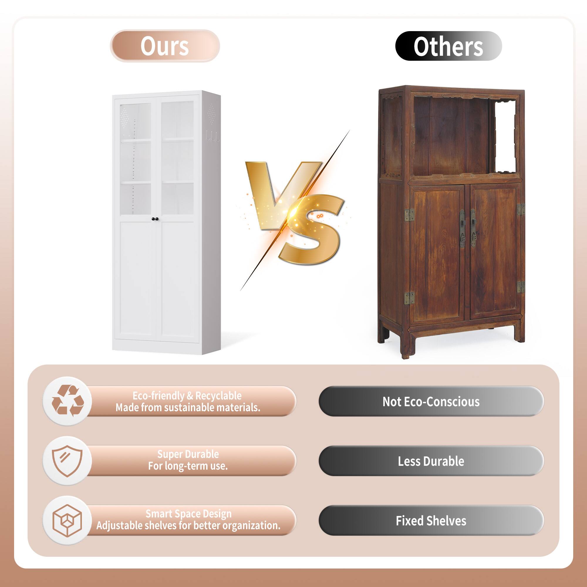 **Ours**

- Eco-friendly & Recyclable
  - Made from sustainable materials.

- Super Durable
  - For long-term use.

- Smart Space Design
  - Adjustable shelves for better organization.

**Others**

- Not Eco-Conscious

- Less Durable

- Fixed Shelves