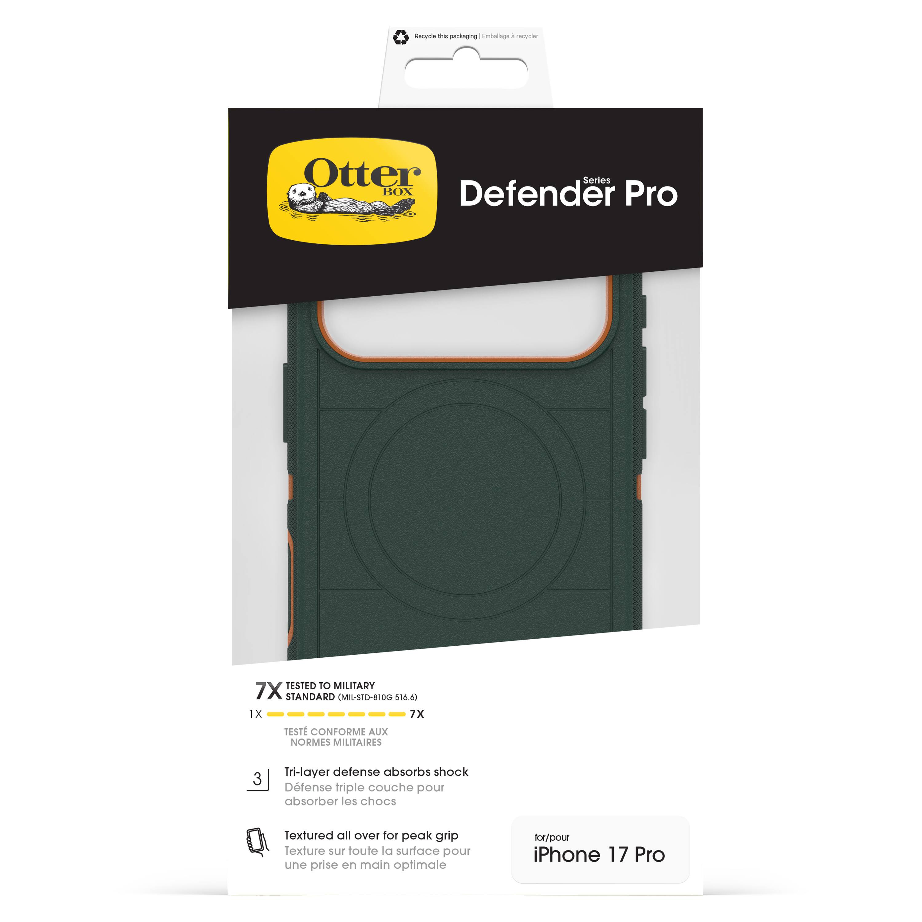 Sure, here is the corrected and grouped text from the image:

---

**Otter Box**

**Defender Pro**

**Series**

**7X TESTED TO MILITARY STANDARD (MIL-STD-810G 516.6)**

**1X**

**TESTE CONFORME AUX NORMES MILITAIRES**

**3 Tri-layer defense absorbs shock**

**Défense triple couche pour absorber les chocs**

**Textured all over for peak grip**

**Texture sur toute la surface pour une prise en main optimale**

**for/pour iPhone 17 Pro**

---

**Recycle this package**