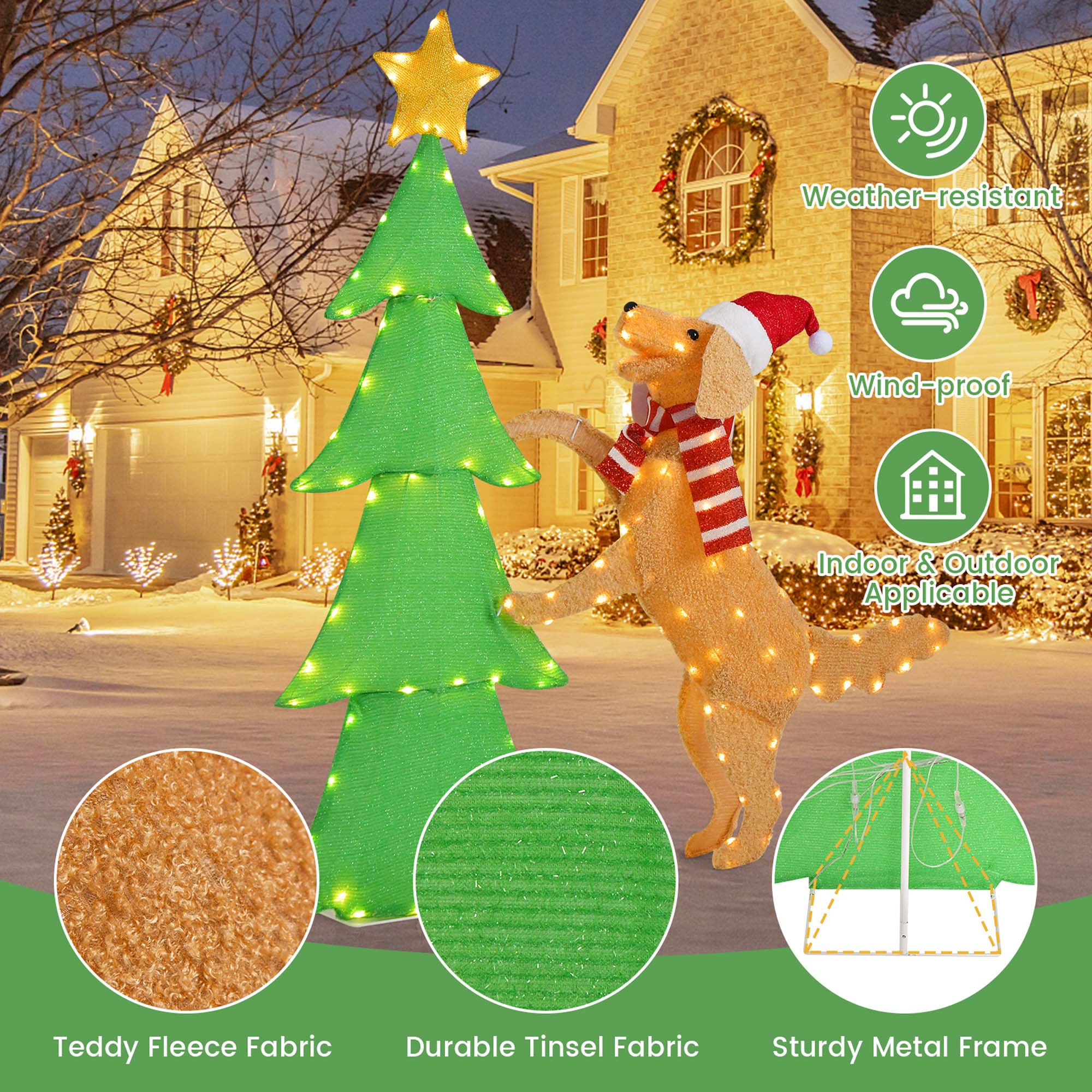 Weather-resistant, wind-proof, indoor & outdoor applicable, Teddy Fleece fabric, durable tinsel fabric, sturdy metal frame.