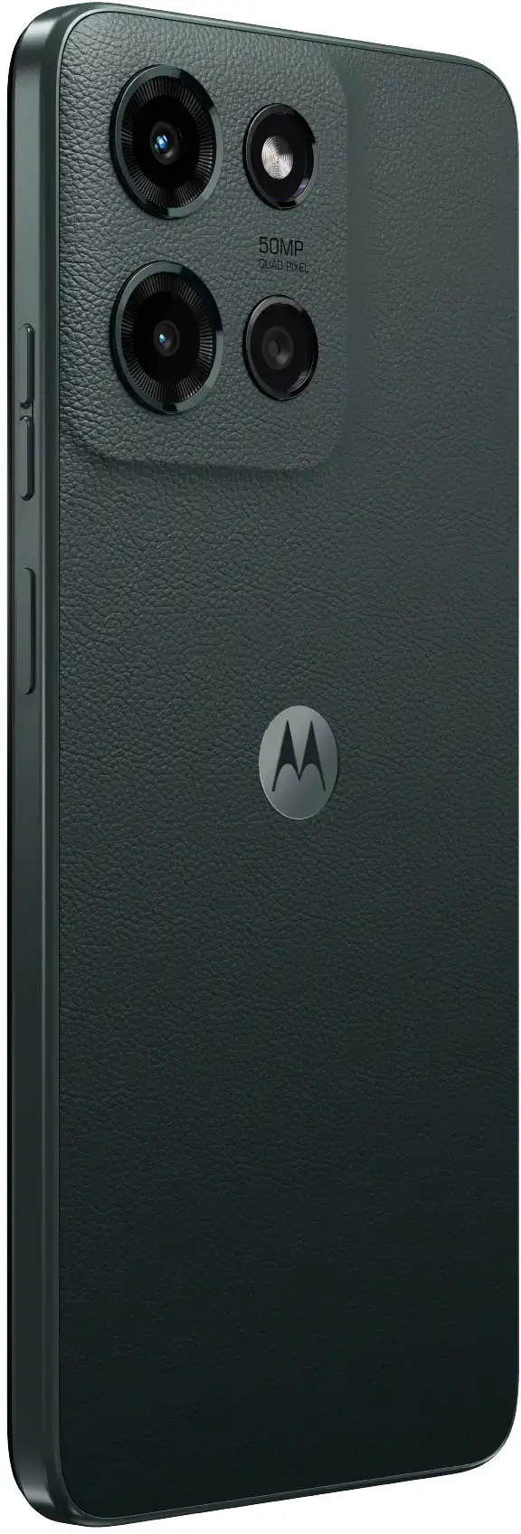 The image features a black cell phone with a leather case. The phone has a 50MP quad-pixel camera, which is a notable feature. The case is designed to protect the device, and the phone is displayed in a close-up view.