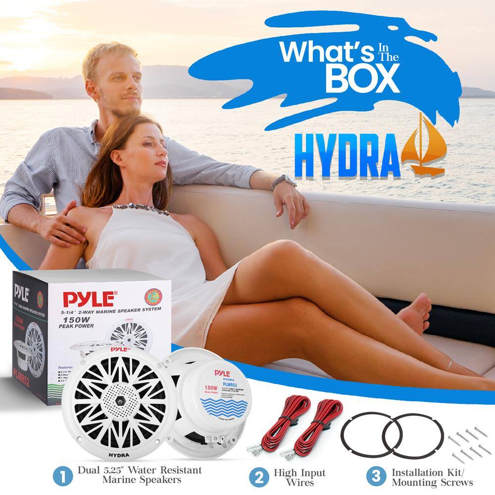 What's In The BOX  
HYDRA  

PYLE  
5.25" 2-WAY MARINE SPEAKER SYSTEM  
150W PEAK POWER  

1. Dual 5.25" Water Resistant Marine Speakers  
2. High Input Wires  
3. Installation Kit/Mounting Screws