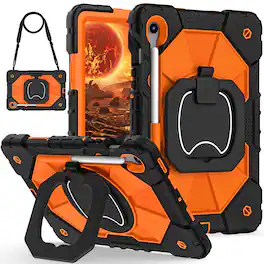 Dteck - Case for Samsung Galaxy Tab S10 FE/S10 Lite/S9 FE/S9,3-Layer Rugged Kickstand Handle Grip Cover with Shoulder Strap - Black Orange
