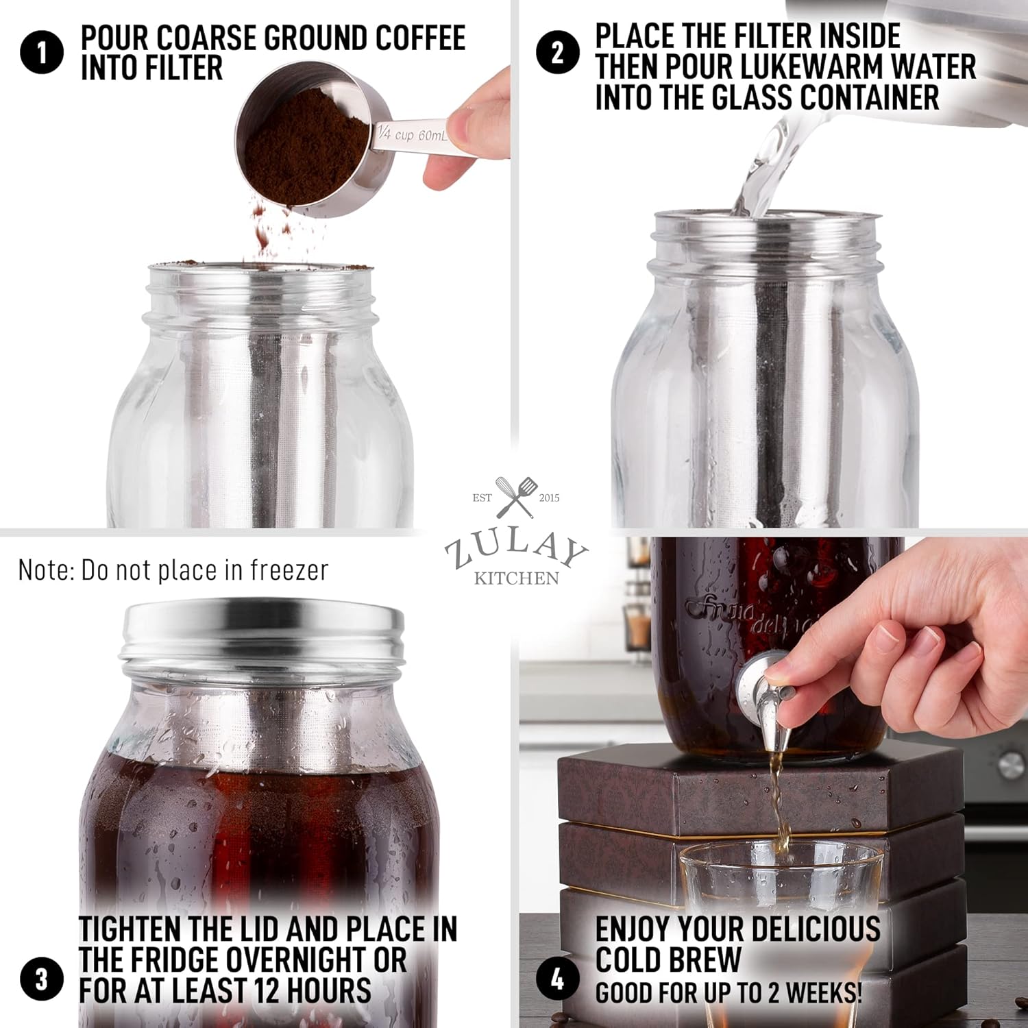 1. Pour coarse ground coffee into filter (1/4 cup, 60mL).

2. Place the filter inside then pour lukewarm water into the glass container.

Note: Do not place in freezer.

3. Tighten the lid and place in the fridge overnight or for at least 12 hours.

4. Enjoy your delicious cold brew! Good for up to 2 weeks!