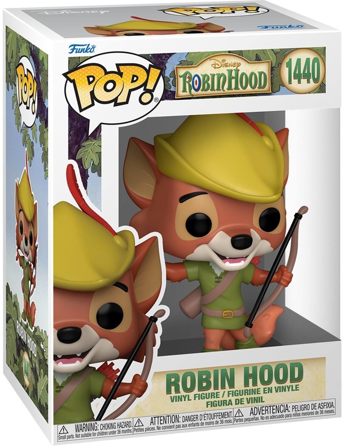 Sure, here is the corrected and grouped text from the image:

---

**Funko POP!**

**Disney Robin Hood**

**1440**

**ROBIN HOOD**

**VINYL FIGURE / FIGURINE EN VINYLE / FIGURA DE VINIL**

**WARNING: CHOKING HAZARD. Small parts. Not suitable for children under 36 months.**

**ATTENTION: DANGER D'ÉTOUFFEMENT. Petites pièces. Ne convient pas aux enfants de moins de 36 mois.**

**ADVERTENCIA: PELIGRO DE ASFIXIA. Partes pequeñas. No es adecuado para niños menores de 36 meses.**

---

This text is organized to reflect the information on the packaging, including the brand, character, series number, and safety warnings.