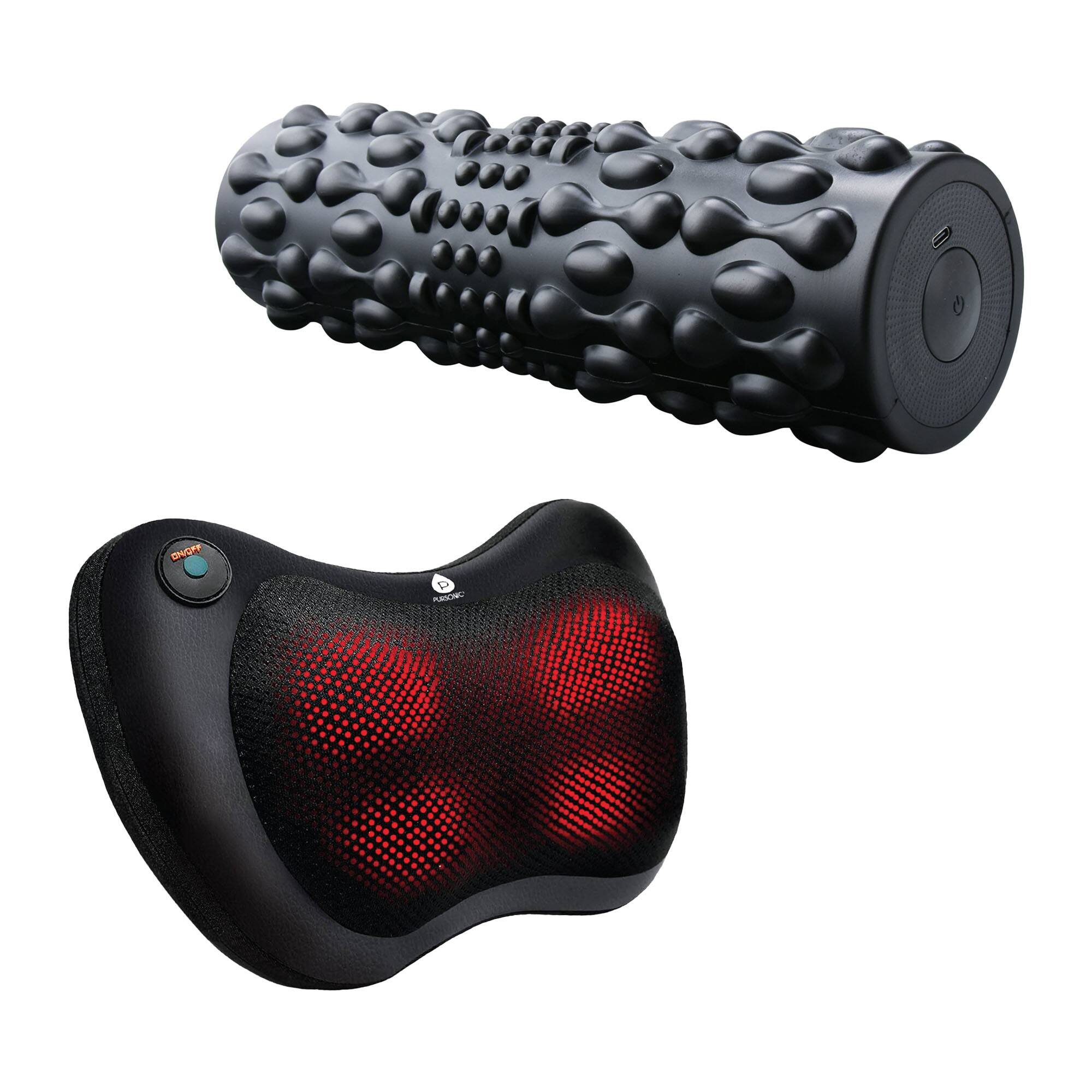 Front. Pursonic - Pursonic Total Body Recovery Bundle –  Vibrating Foam Roller + Shiatsu Heating Neck & Back Massager - Black.