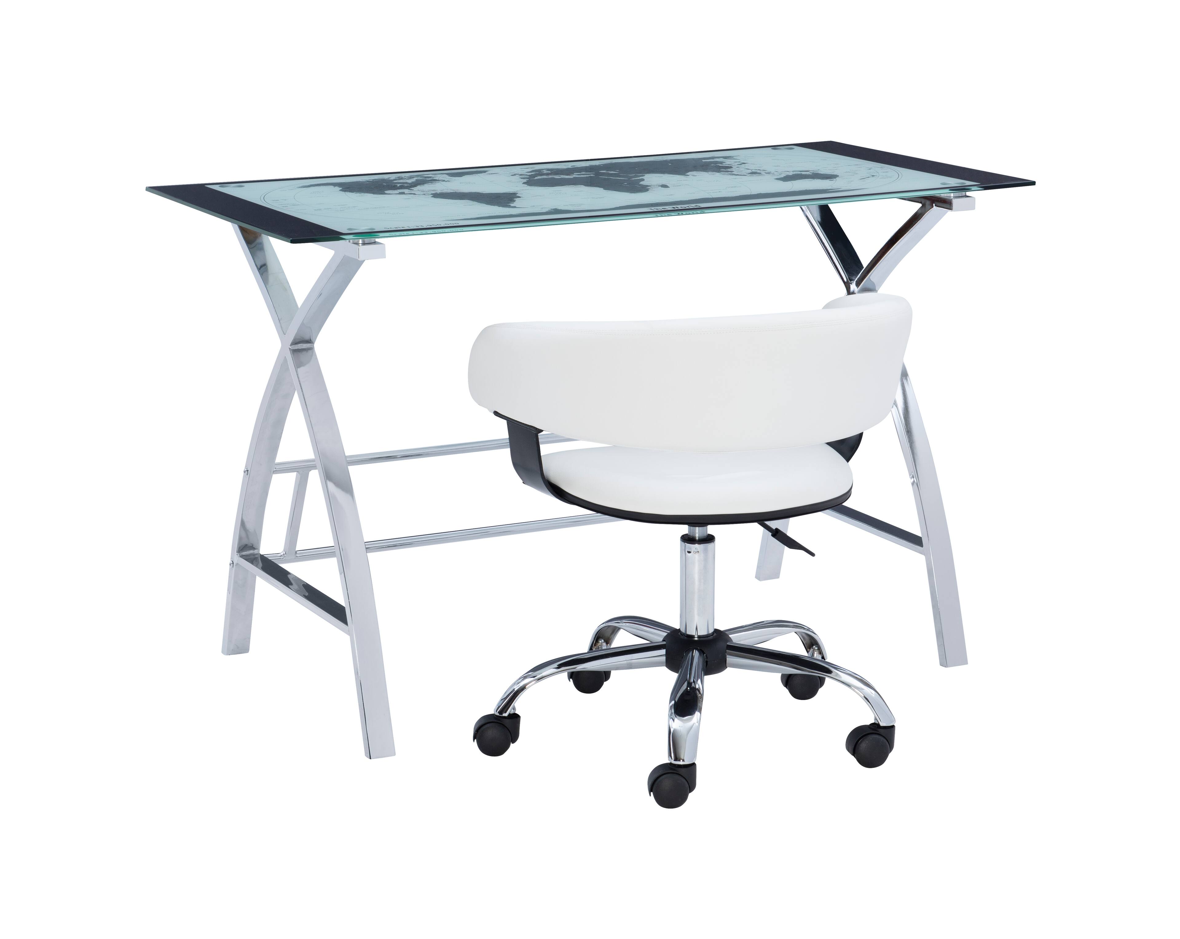 Angle. Linon Home Décor - Walton Map Printed Glass Desk Set With Faux Leather Gas Lift Chair - White & Chrome.