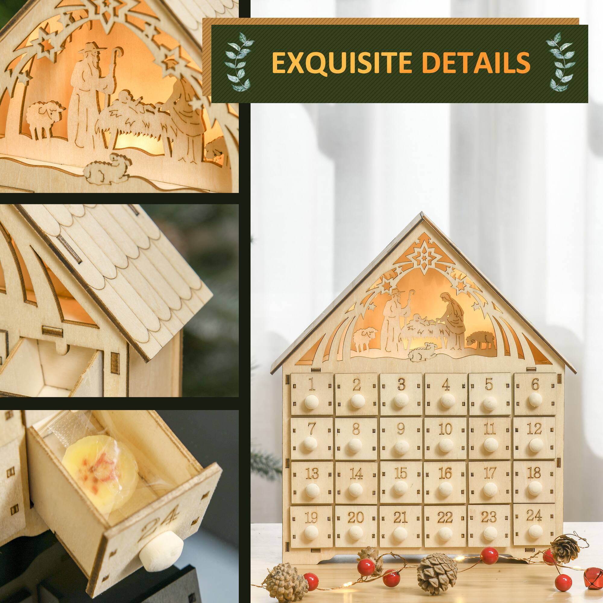 Alt View 4. Homcom - Christmas Advent Calendar, Light Up Manger Scene Tabletop Xmas Wooden House Holiday Decoration with Countdown Drawer - Brown.