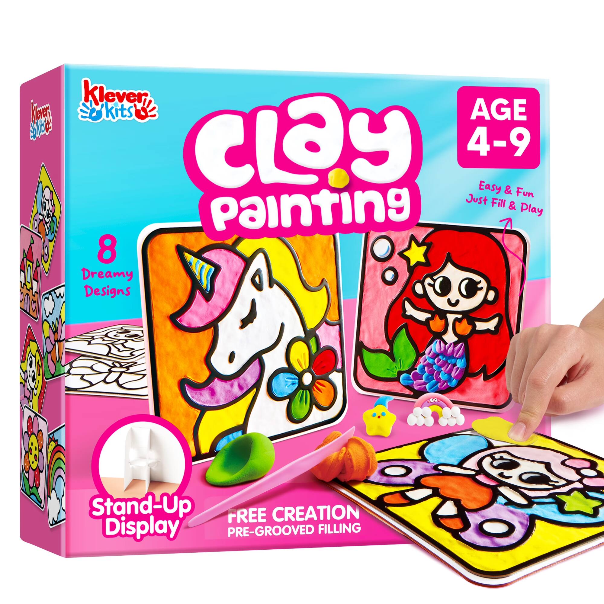 Klever Kits Clay Painting  
AGE 4-9  
Easy & Fun Just Fill & Play  
8 Dreamy Designs  
Stand-Up Display  
FREE CREATION PRE-GROOVED FILLING