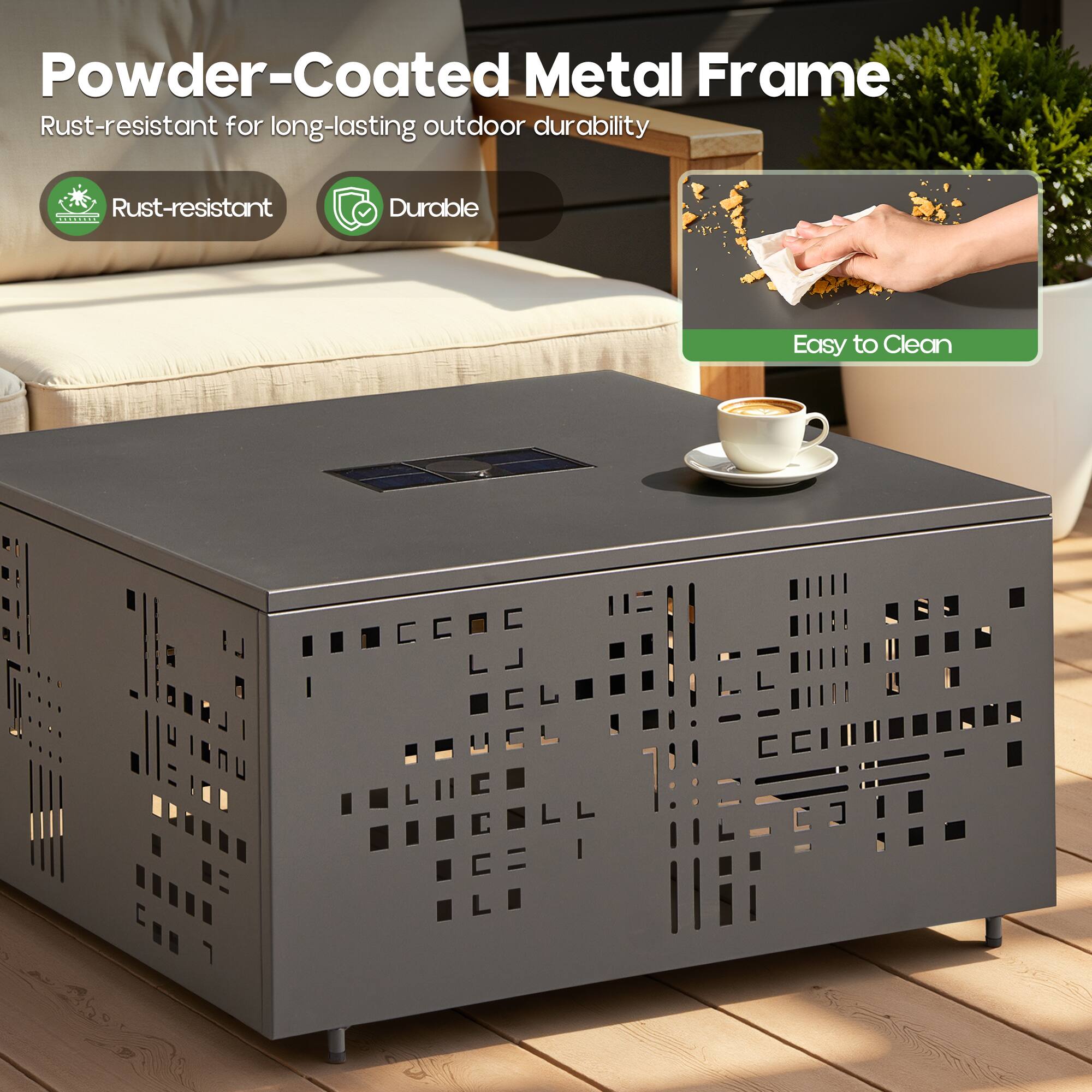 Powder-Coated Metal Frame  
Rust-resistant for long-lasting outdoor durability  

- Rust-resistant  
- Durable  
- Easy to Clean