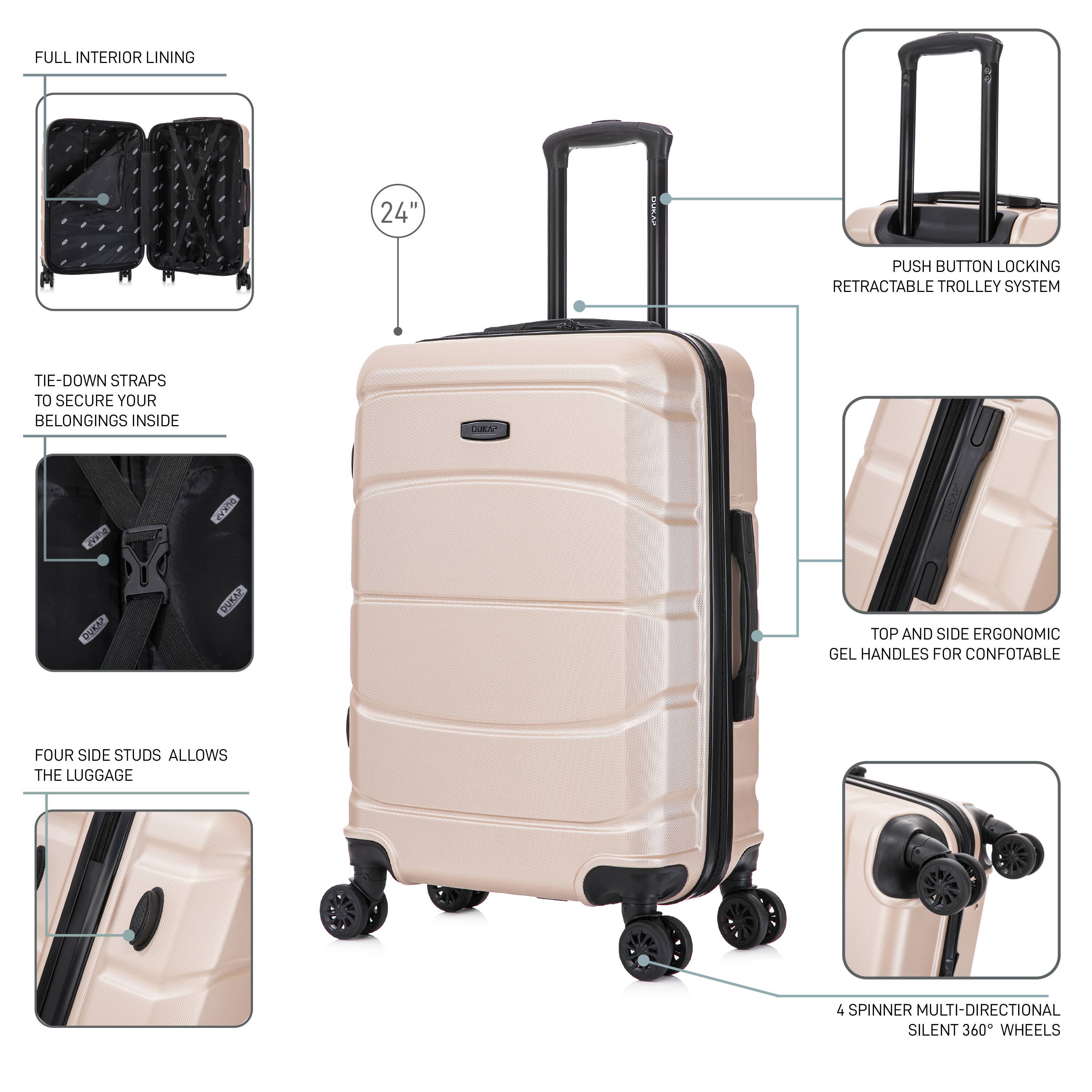 - Full Interior Lining
- 24" Push Button Locking Retractable Trolley System
- Tie-Down Straps to Secure Your Belongings Inside
- Four Side Studs Allows the Luggage
- Top and Side Ergonomic Gel Handles for Comfortable
- 4 Spinner Multi-Directional Silent 360° Wheels
