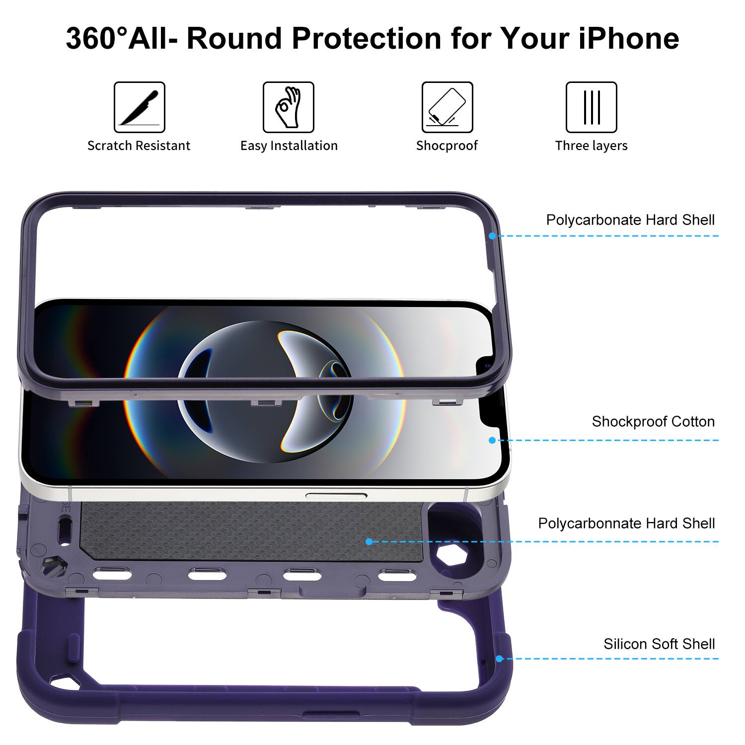 360° All-Round Protection for Your iPhone

- Scratch Resistant
- Easy Installation
- Shockproof
- Three layers

- Polycarbonate Hard Shell
- Shockproof Cotton
- Polycarbonate Hard Shell
- Silicon Soft Shell