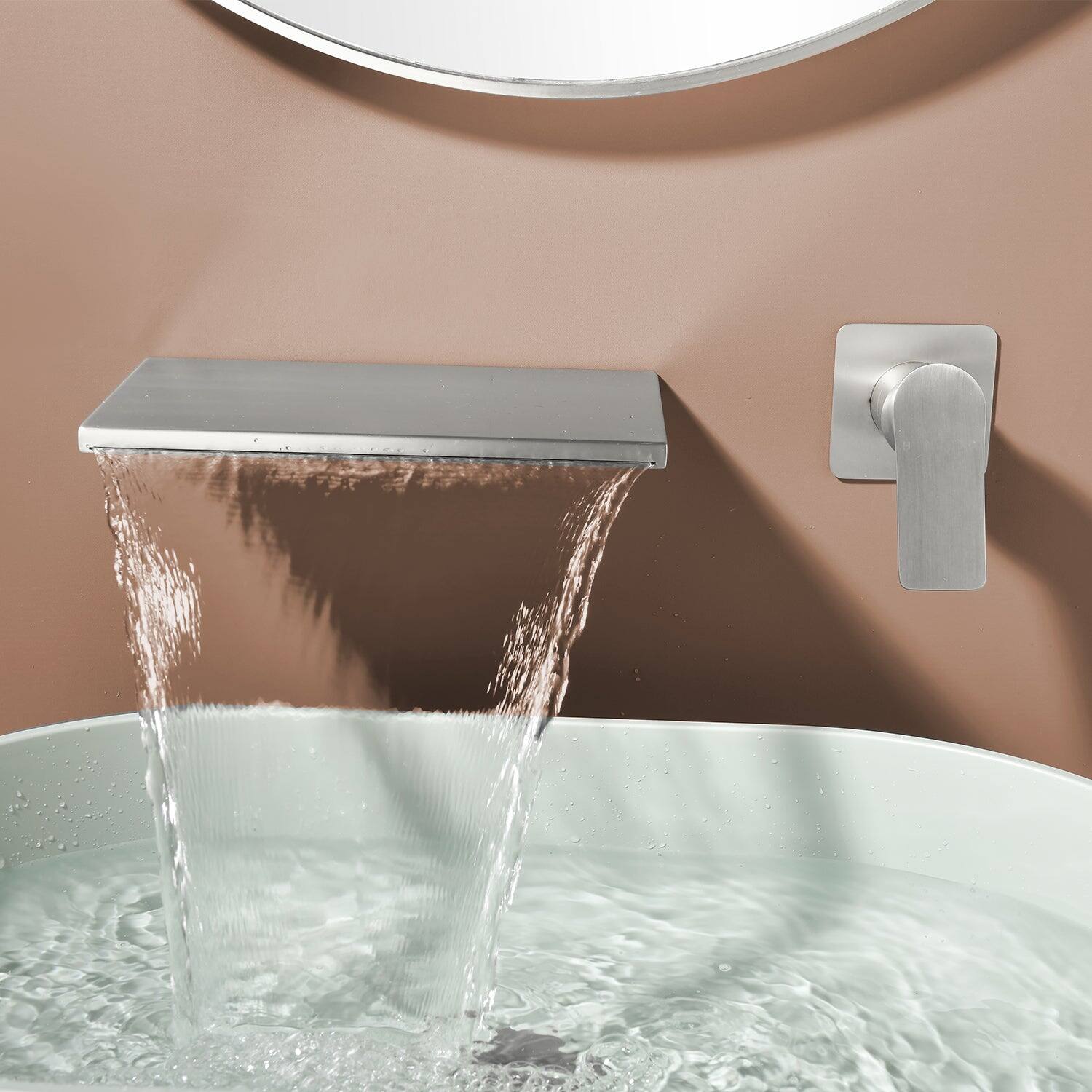 Alt View 4. Boyel Living - Brushed Wall Mount Faucet SUS304 Waterfall Spout Brass Body Single Handle 1/2NPT Thread - Brushed Nickel.