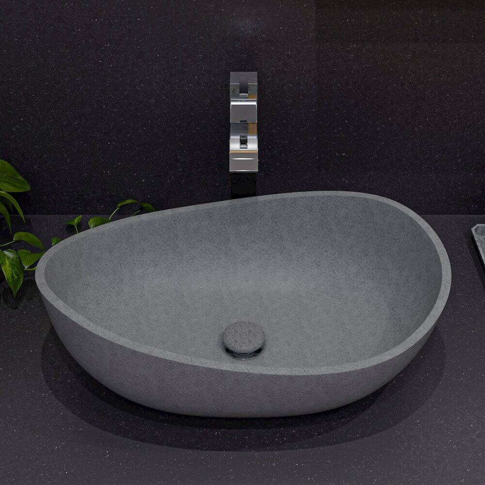 Left. Alfi - 23" Solid Concrete Wavy Oval Above Mount Vessel Sink - Gray.