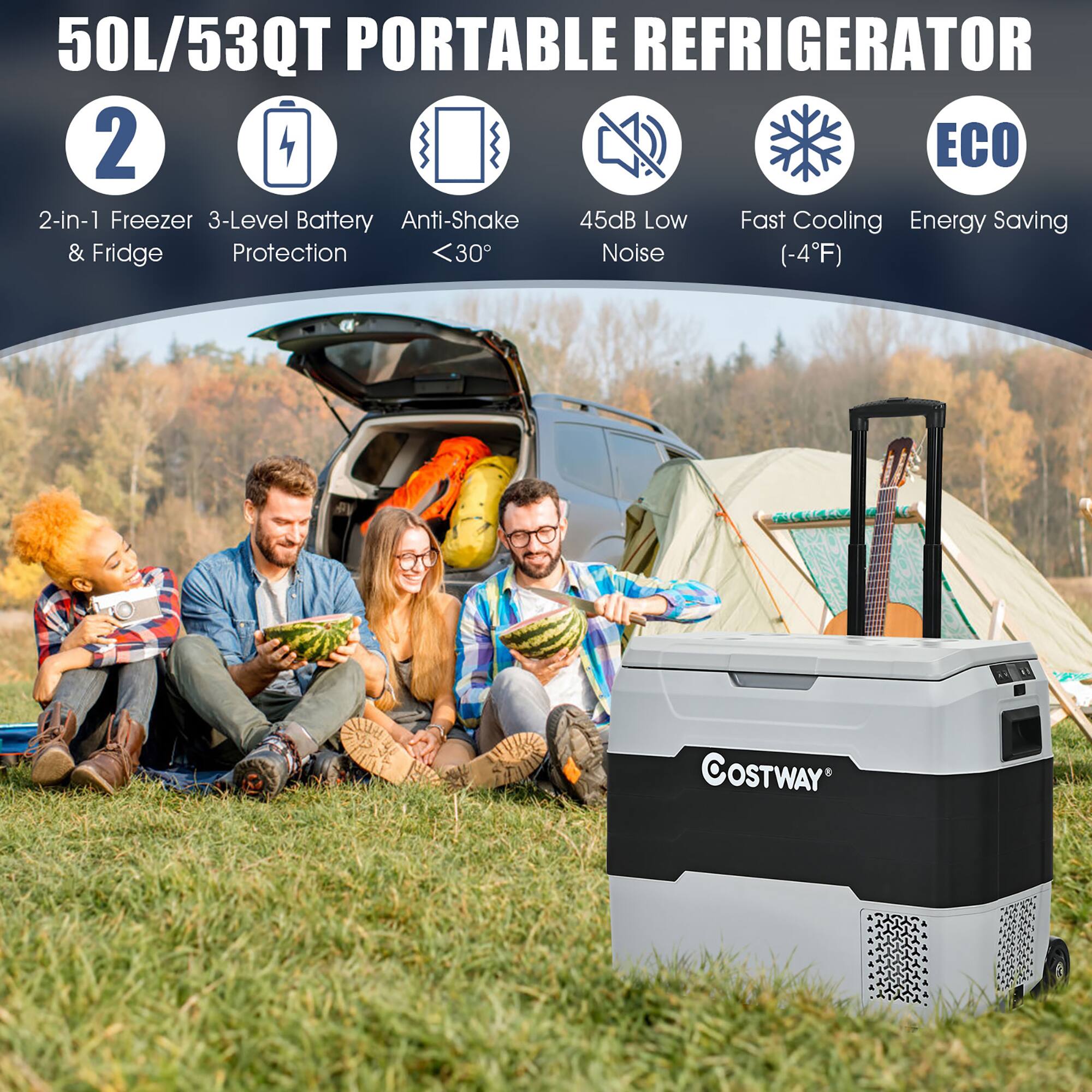 50L/53QT Portable Refrigerator: 2-in-1 Freezer, 3-Level Battery, Anti-Shake, 45dB Low Noise, Fast Cooling, Energy Saving & Fridge Protection <30°C Noise (-4°F)