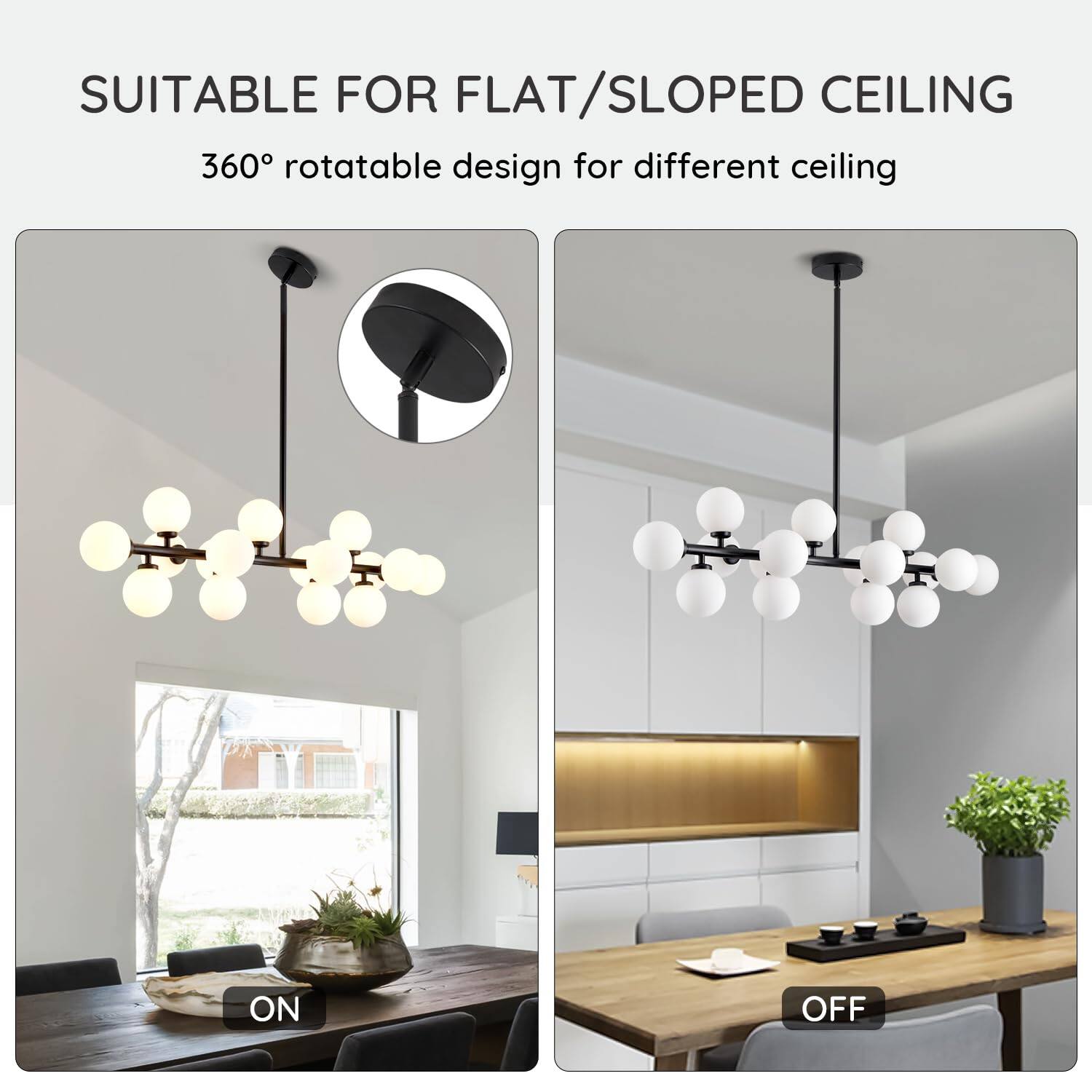 SUITABLE FOR FLAT/SLOPED CEILING

360° rotatable design for different ceiling

ON

OFF
