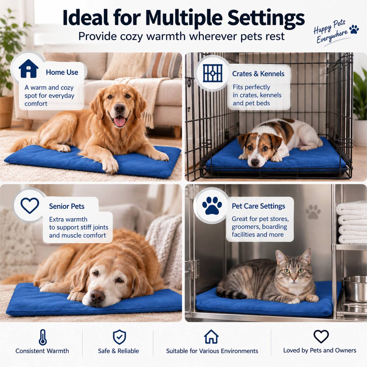 Ideal for Multiple Settings  
Provide cozy warmth wherever pets rest  
Happy Pets Everywhere  

Home Use  
A warm and cozy spot for everyday comfort  

Crates & Kennels  
Fits perfectly in crates, kennels and pet beds  

Senior Pets  
Extra warmth to support stiff joints and muscle comfort  

Pet Care Settings  
Great for pet stores, groomers, boarding facilities and more  

Consistent Warmth  
Safe & Reliable  
Suitable for Various Environments  
Loved by Pets and Owners