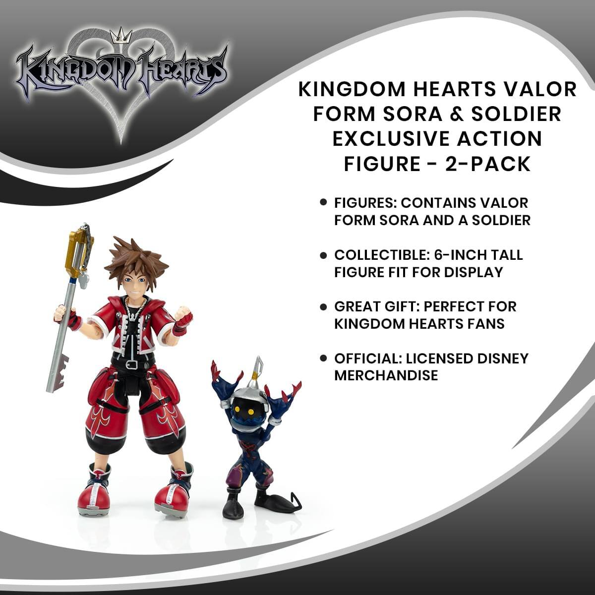 KINGDOM HEARTS VALOR FORM SORA & SOLDIER EXCLUSIVE ACTION FIGURE - 2-PACK

- FIGURES: CONTAINS VALOR FORM SORA AND A SOLDIER
- COLLECTIBLE: 6-INCH TALL FIGURE FIT FOR DISPLAY
- GREAT GIFT: PERFECT FOR KINGDOM HEARTS FANS
- OFFICIAL: LICENSED DISNEY MERCHANDISE