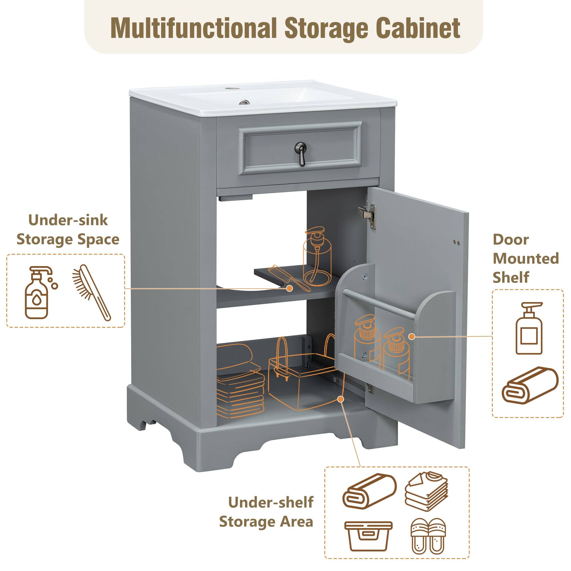 Multifunctional Storage Cabinet

- Under-sink Storage Space
- Door Mounted Shelf
- Under-shelf Storage Area