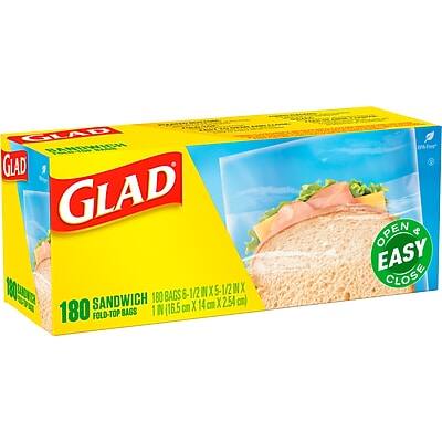 GLAD  
180 Sandwich Bags  
180 Bags 6 1/2 in x 5 1/2 in (16.5 cm x 14 cm)  
Fold-Top Bags  
Open & Easy Close