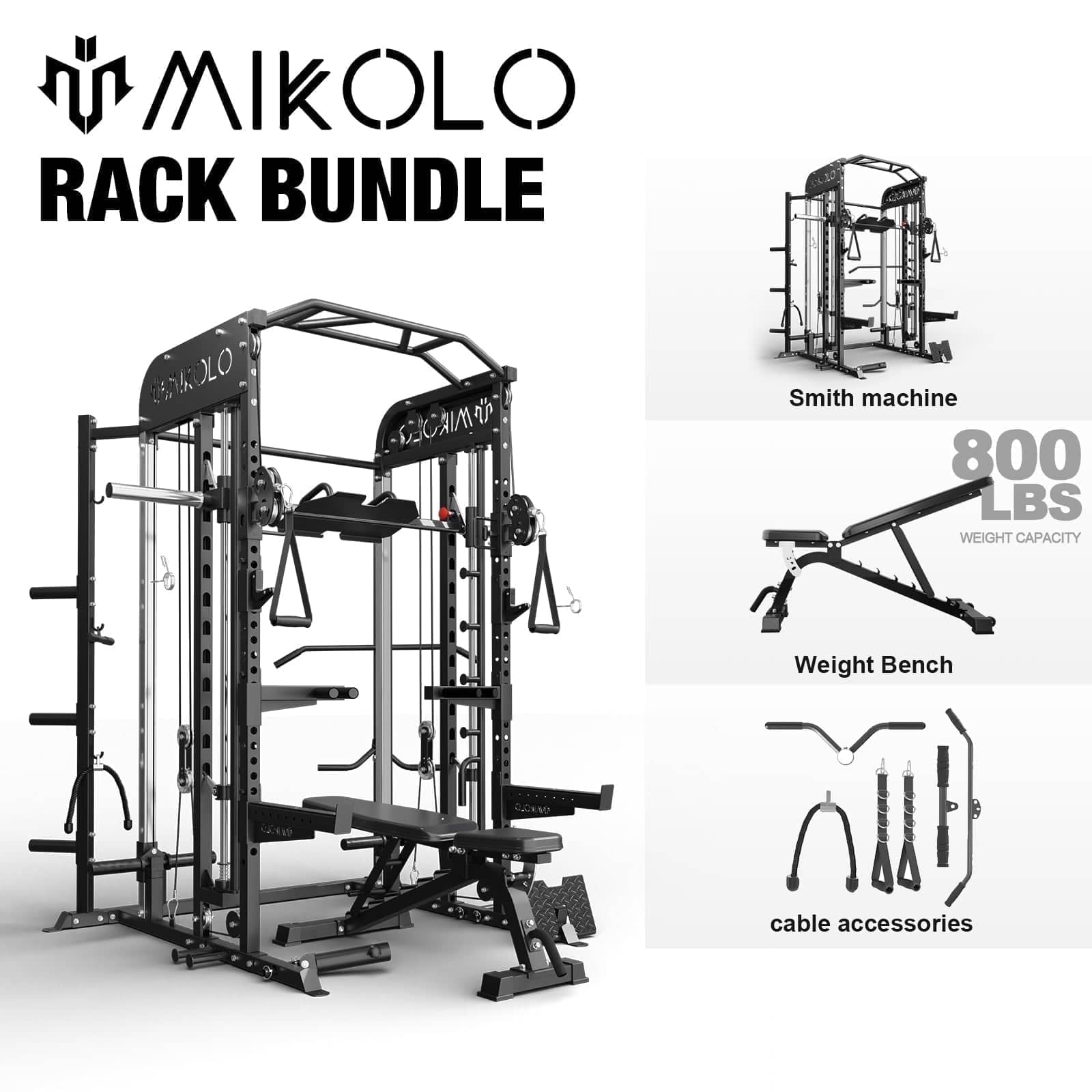 MIKOLO RACK BUNDLE Smith machine 800 LBS WEIGHT CAPACITY Weight Bench cable accessories