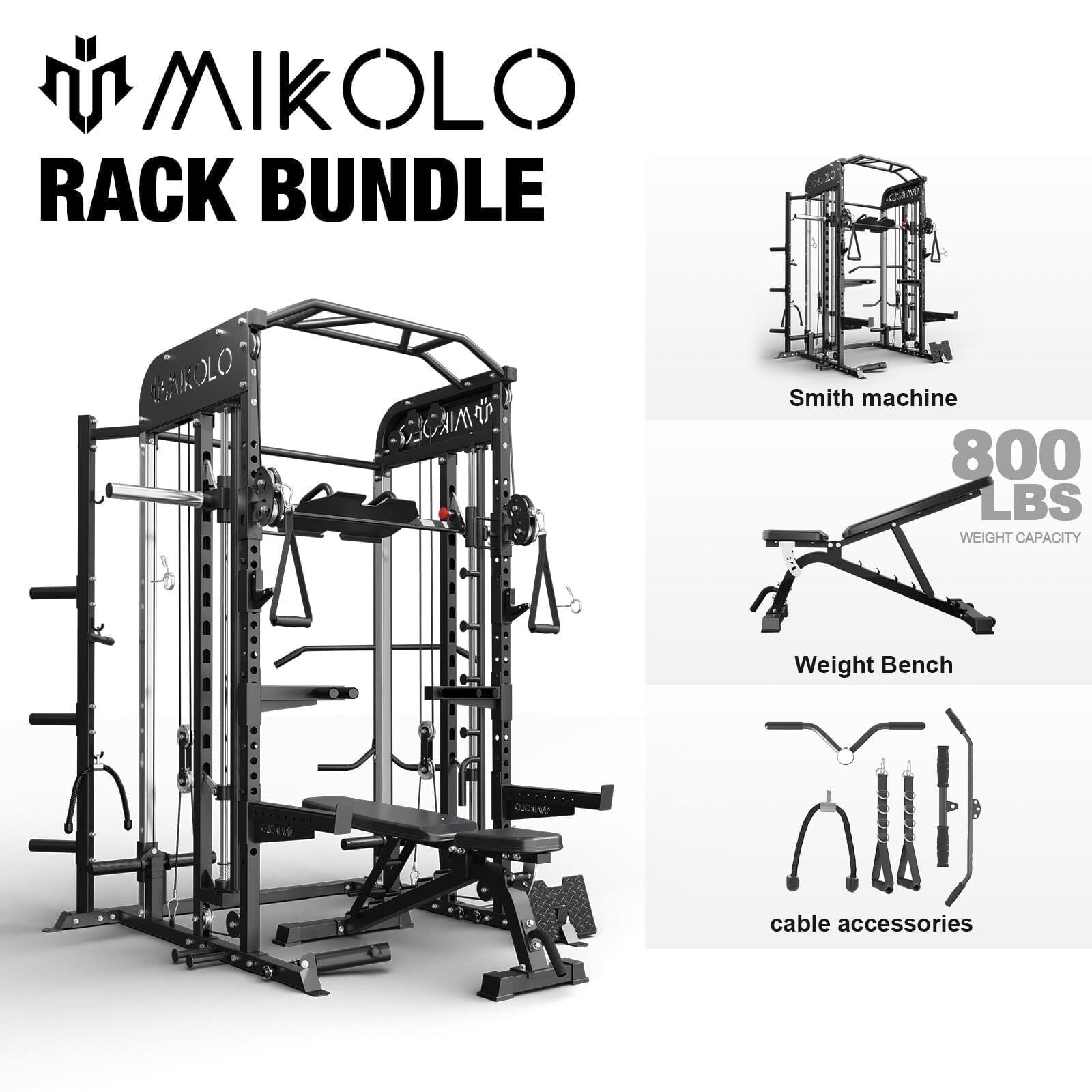 MIKOLO RACK BUNDLE Smith machine 800 LBS WEIGHT CAPACITY Weight Bench cable accessories