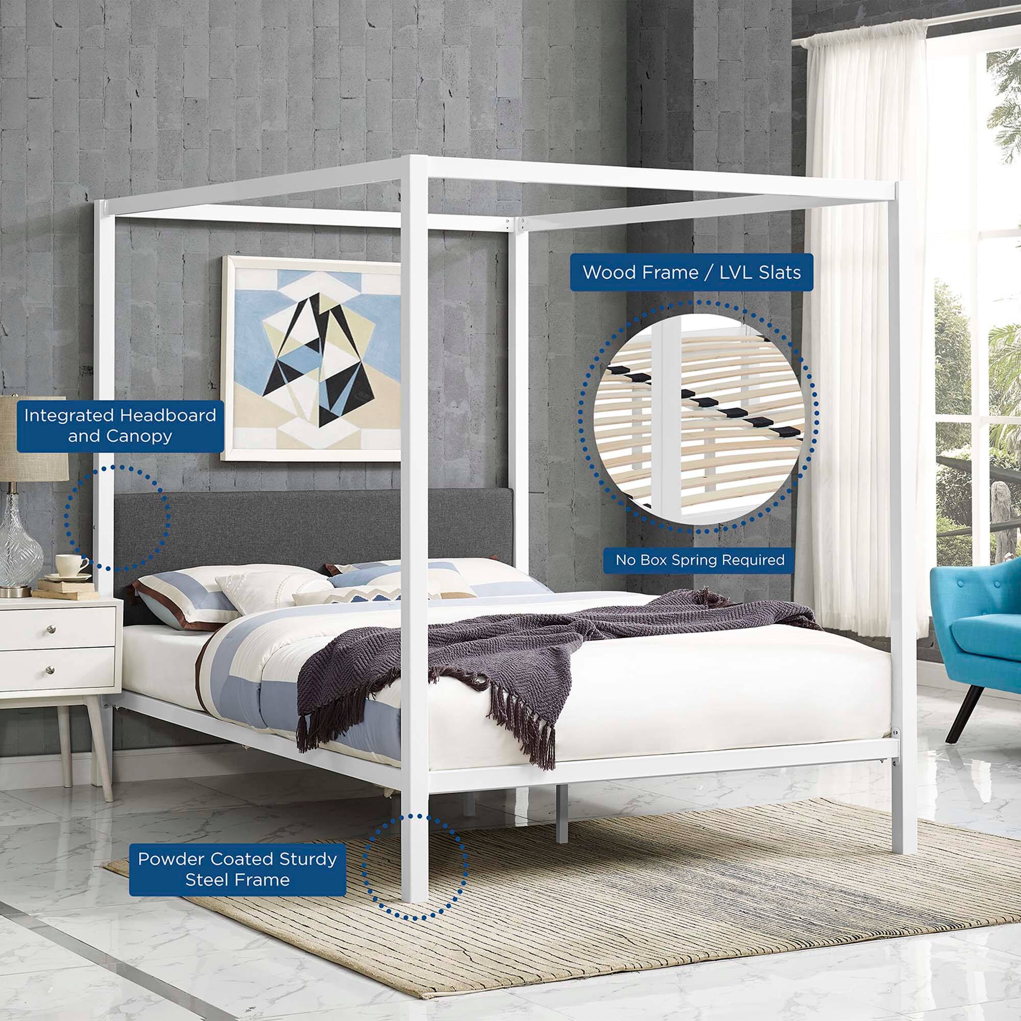- Wood Frame / LVL Slats
- Integrated Headboard and Canopy
- Powder Coated Sturdy Steel Frame
- No Box Spring Required