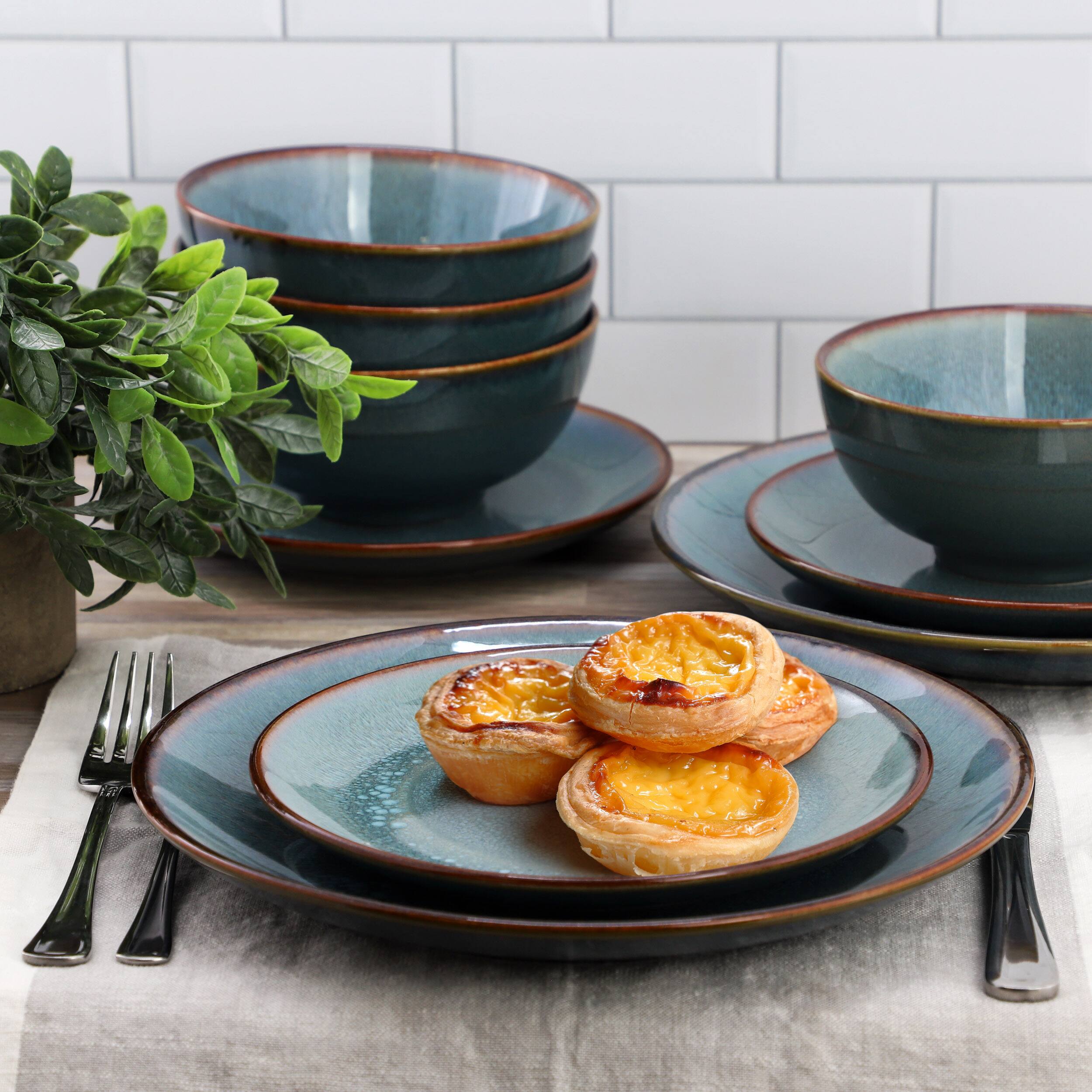 Alt View 4. Elama - Elama Betty 18 Piece Stoneware Dinnerware Set in Blue with Brown Rim, Service for 6 - Blue.