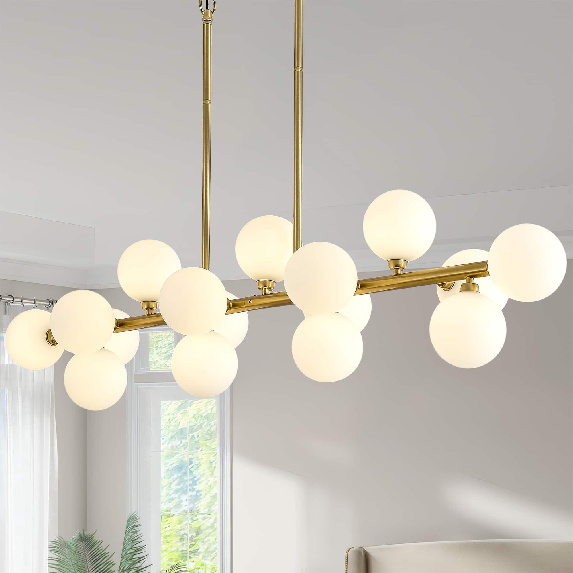 Front. RYHNUYNE - 55 Inch Linear Sputnik Chandelier 16-Light Pendant with Cream Opaline Glass Globes Mid-Century Kitchen Island Lighting.