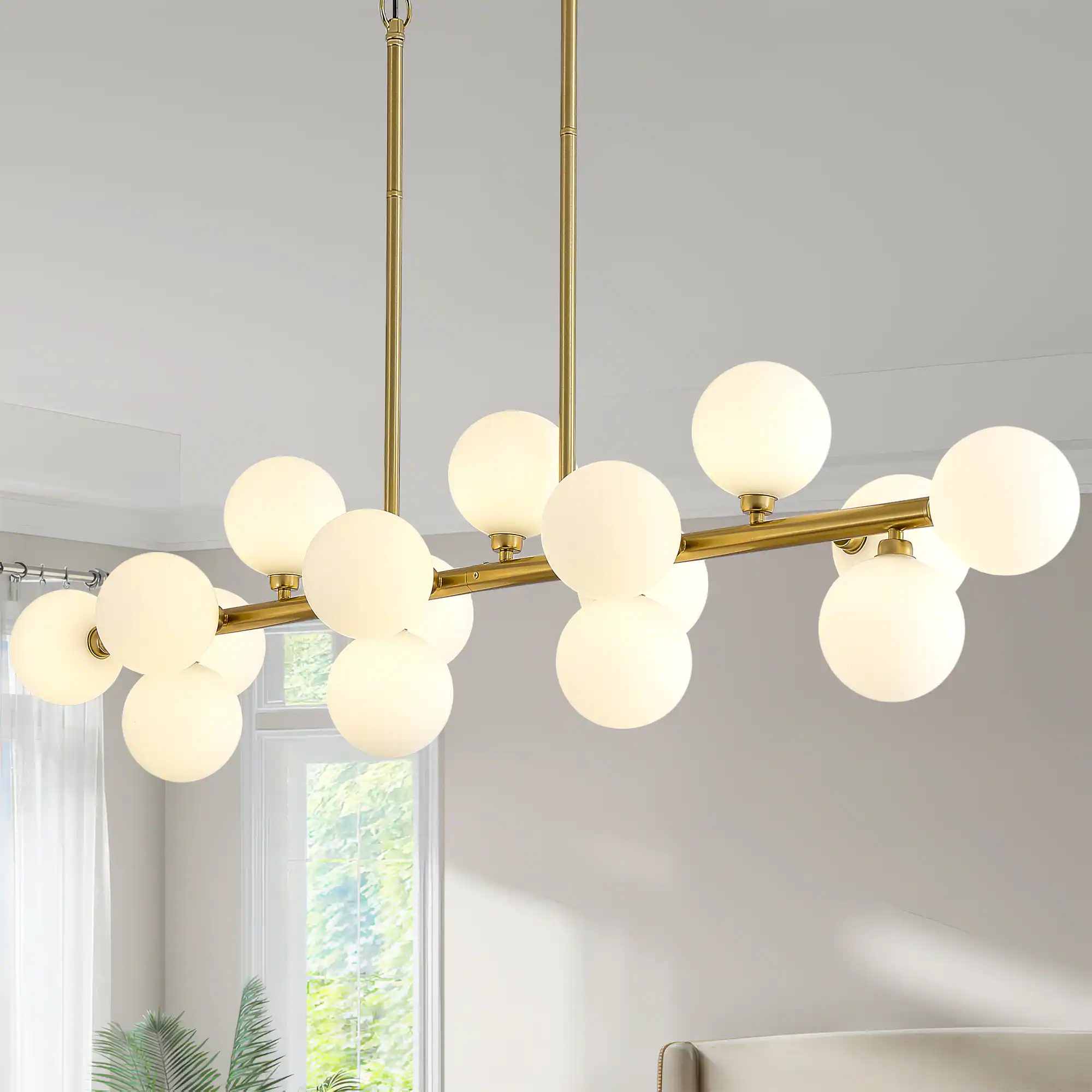 RYHNUYNE - 55 Inch Linear Sputnik Chandelier 16-Light Pendant with Cream Opaline Glass Globes Mid-Century Kitchen Island Lighting