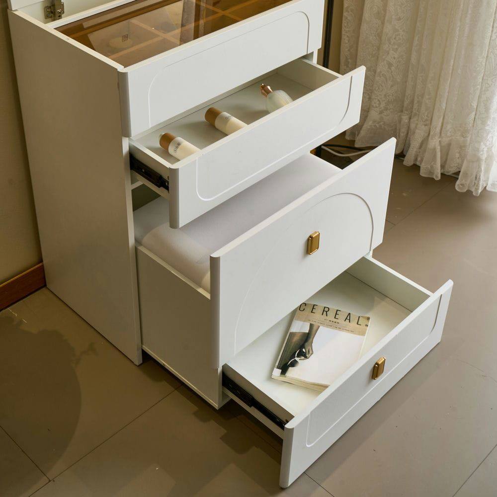 Left. Kadyn - Convertible Vanity Table with Mirror, 3 Drawers and Cushioned Stool - White - White.