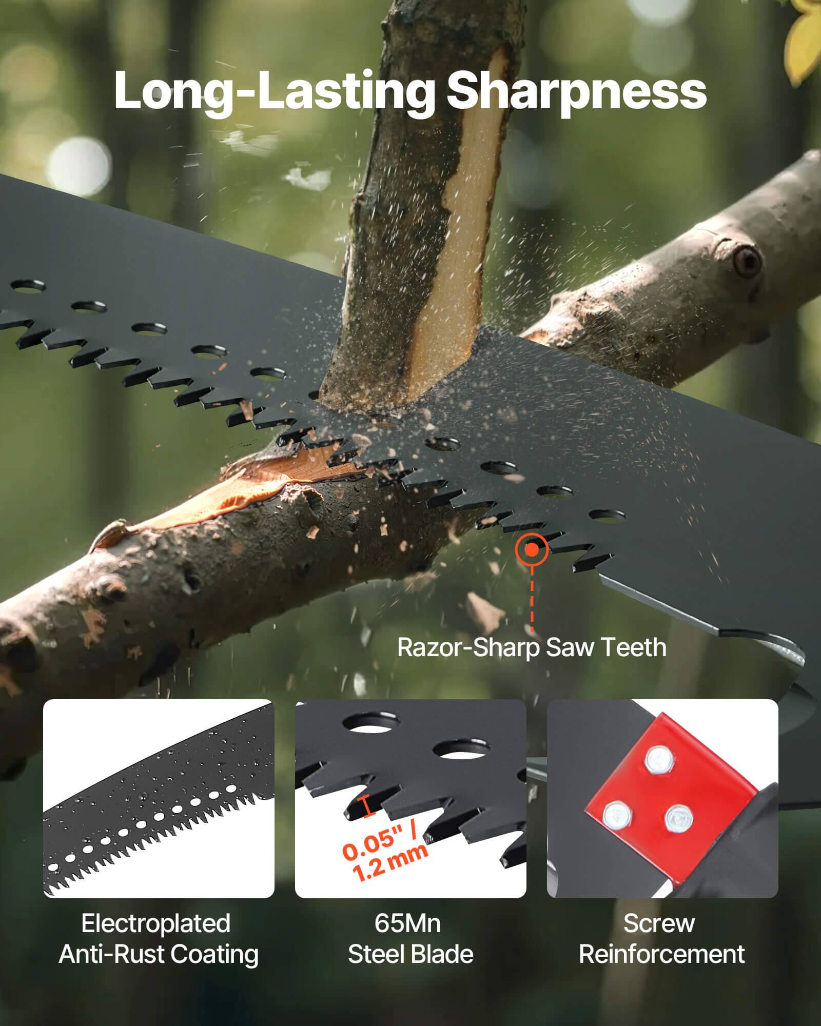 Long-Lasting Sharpness

Razor-Sharp Saw Teeth

- Electroplated Anti-Rust Coating
- 0.05" / 1.2 mm
- 65Mn Steel Blade
- Screw Reinforcement