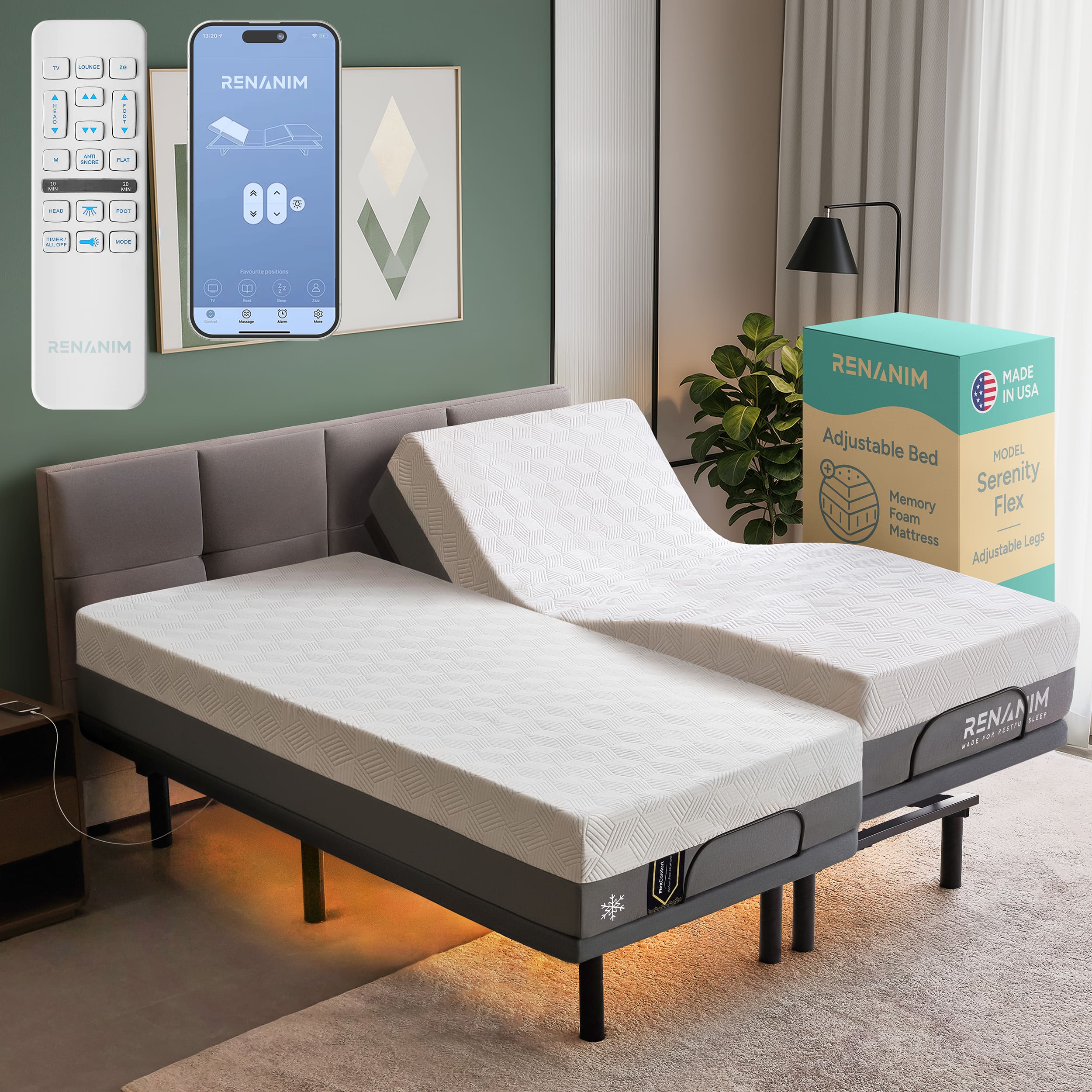 RENANIM Adjustable Bed  
Memory Foam Mattress Legs  
MODEL: Serenity Flex  
MADE IN USA  

RENANIM  
Adjustable Bed  
Memory Foam Mattress  
Adjustable Legs  

RENANIM  
MADE FOR REST