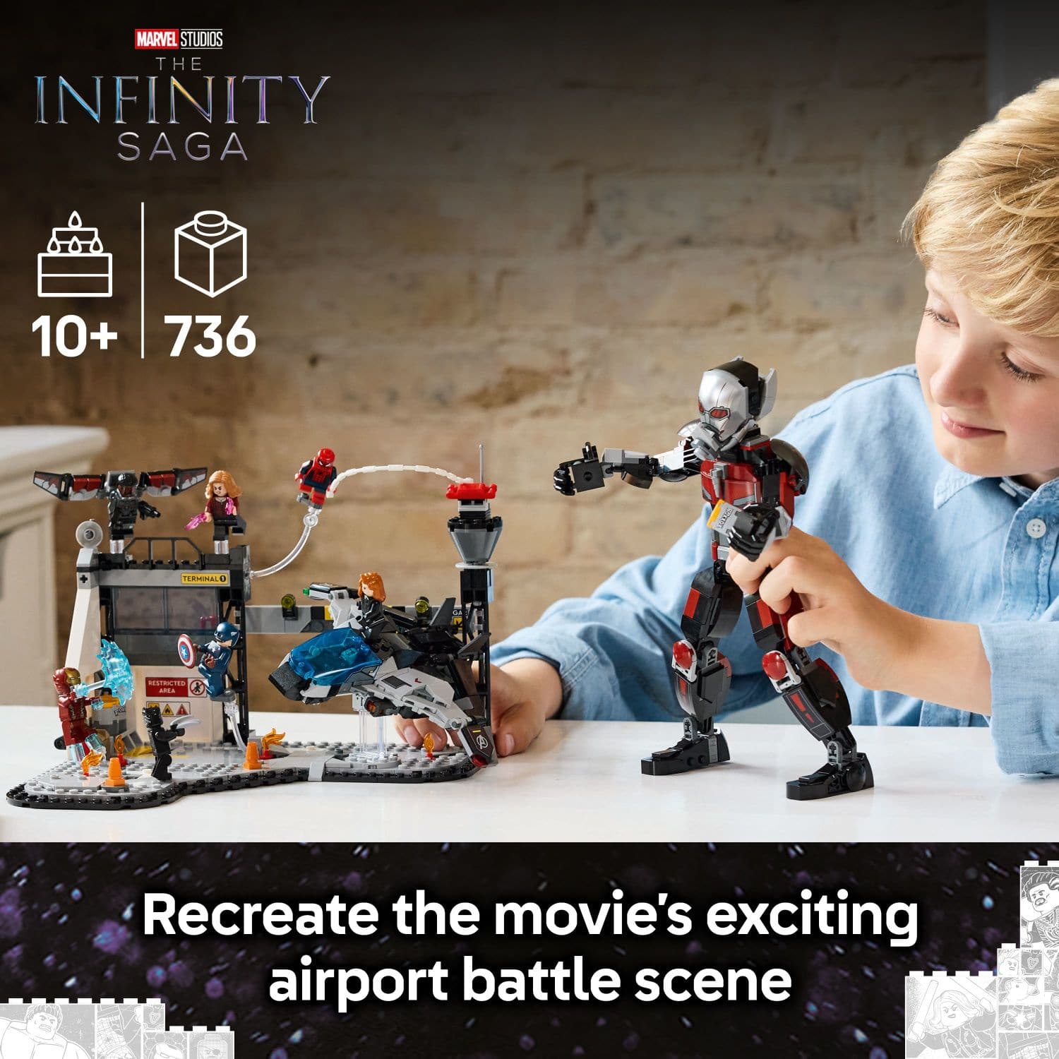 MARVEL STUDIOS THE INFINITY SAGA 10+ 736 Saen TERMINAL - RESTEITES -. Recreate the movie's exciting airport battle scene.