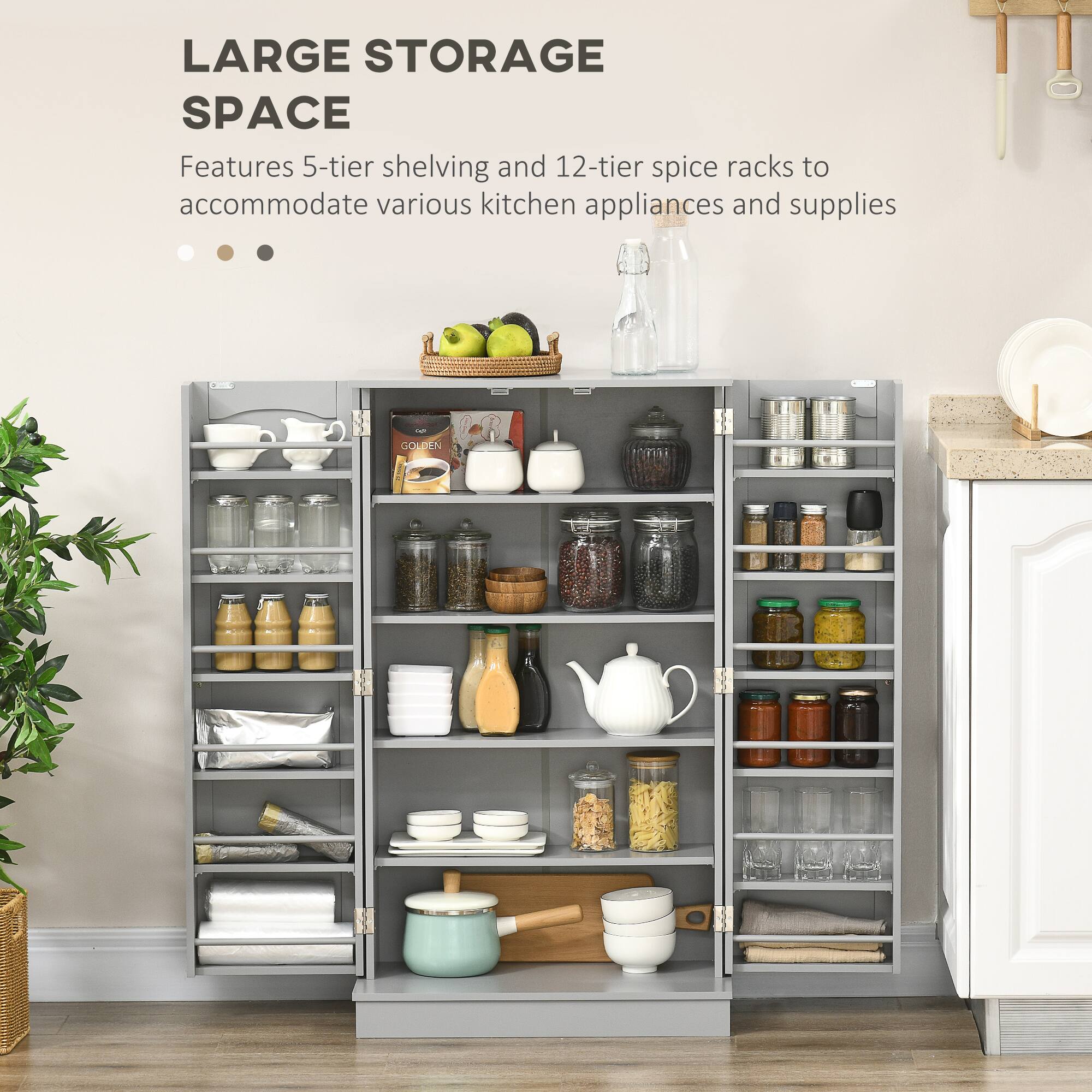 LARGE STORAGE SPACE
Features 5-tier shelving and 12-tier spice racks to accommodate various kitchen appliances and supplies
GOUDEN