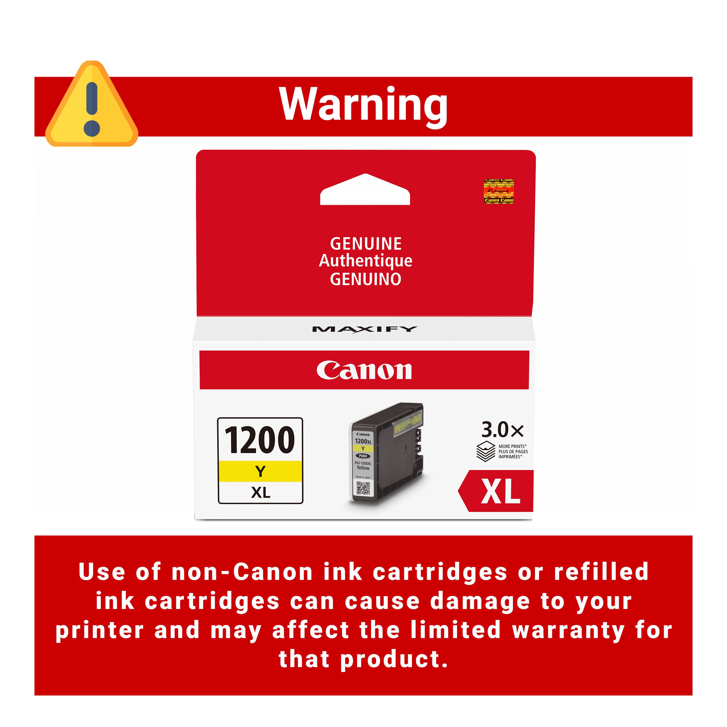 Warning

GENUINE Authentique GENUINO

MAXIFY Canon 1200 Y XL

3.0x

Use of non-Canon ink cartridges or refilled ink cartridges can cause damage to your printer and may affect the limited warranty for that product.