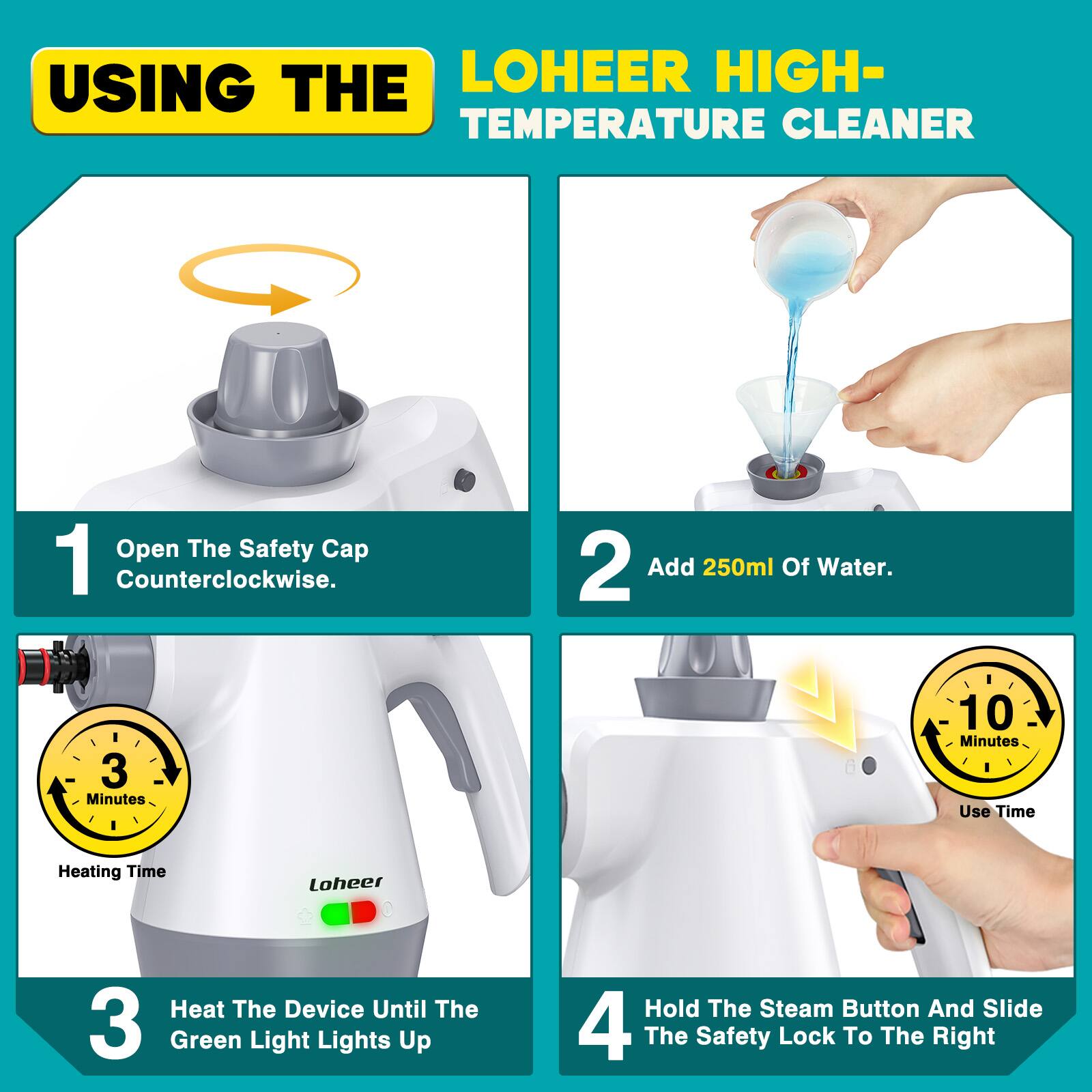 USING THE LOHEER HIGH-TEMPERATURE CLEANER

1. Open The Safety Cap Counterclockwise.
2. Add 250ml Of Water.
3. Heat The Device Until The Green Light Lights Up
4. Hold The Steam Button And Slide The Safety Lock To The Right

Heating Time: 3 Minutes
Use Time: 10 Minutes