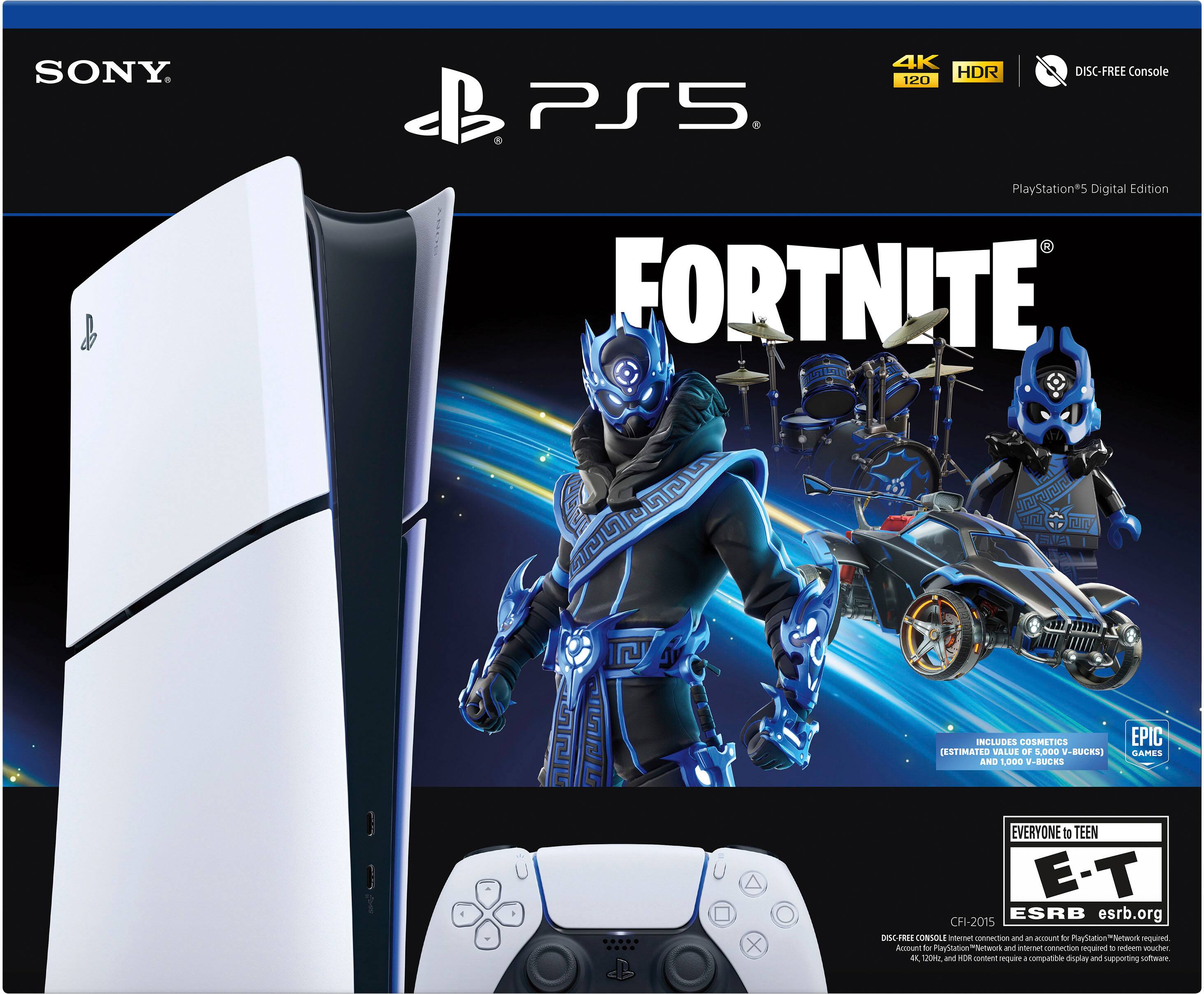 SONY PS5 4K HDR 120 DISC-FREE Console PlayStation*5 Digital Edition R FORTNITE ML NCLUDES COSMETICS ESTIMATED VALUE DE 5000 V-BUCKS) AND 1000 V-RUCKS EPIC SAMES EVERYONE 30 TEEN E-T ESRB esrb.org CFI-2015 Onc-RES CONSOLE nerroa connection and - aI fx fayStationPieteork required Actount tu Piaytitation feteork and Petrsto onndtinn required t iirem voucher oL 20E and HOR comtend nequire compatible doplay and supporting sofea.