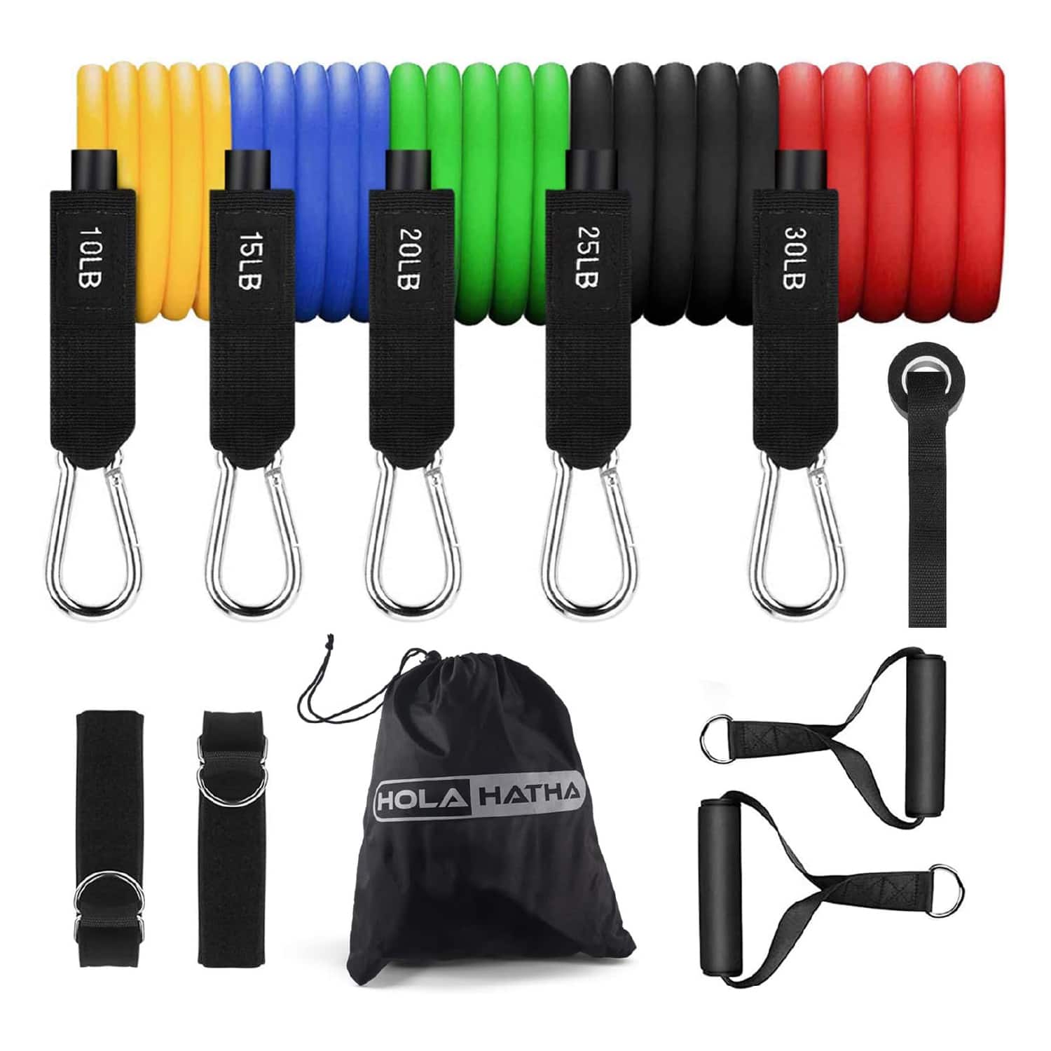 HolaHatha - Resistance Band 110lb Maximum Workout Set with 5 Bands and 2 Handles - Multicolor