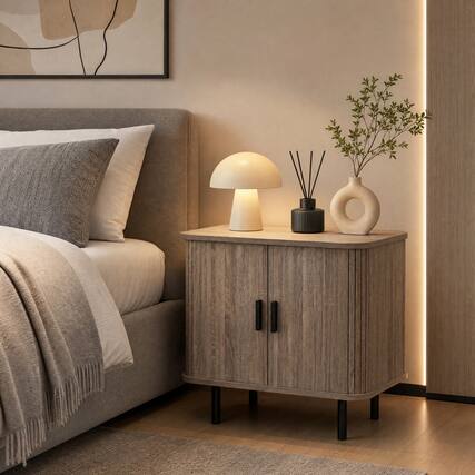 Front. WELLFOR - Mid-Century Modern Nightstand with Sliding Tambour Doors and Storage Shelf - Natural.