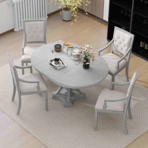 Alt View 2. LUCKY ONE - 5-Piece Farmhouse Dining Set with 58" Extendable Round Dining Table and 4 Upholstered Chairs - Antique Gray.