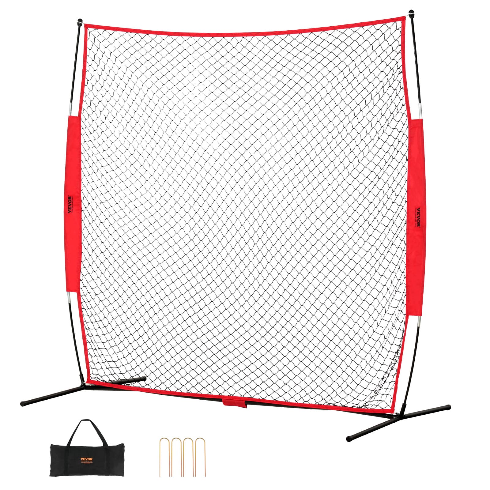 VEVOR - Barricade Backstop Net, 7x7 ft Ball Sports Barrier Netting, Portable Practice Equipment with Carry Bag - Red