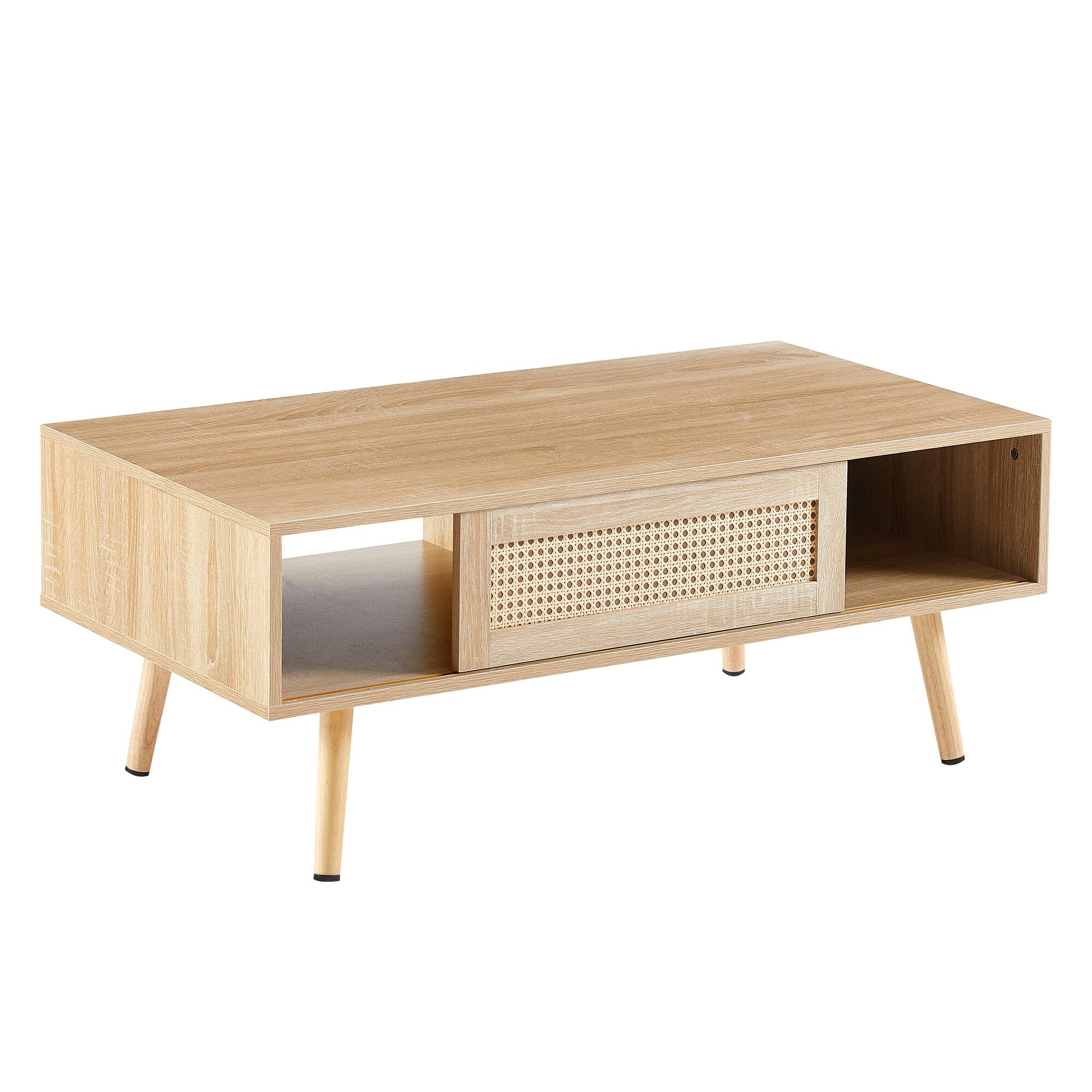 Alt View 3. Z-Edge - Mid-Century Modern Coffee Table with Storage, Rectangle Wooden Center Tables with Sliding Rattan Door for Living Room - Natural.